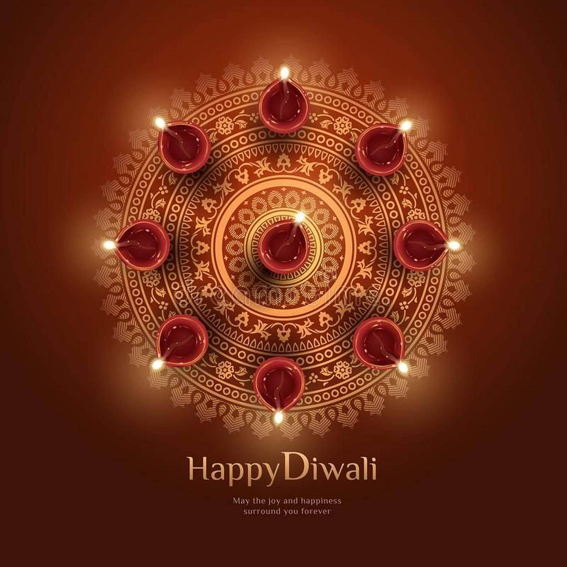 Diwali, golden mandala, glowing red oil lamps, HD Desktop Wallpaper