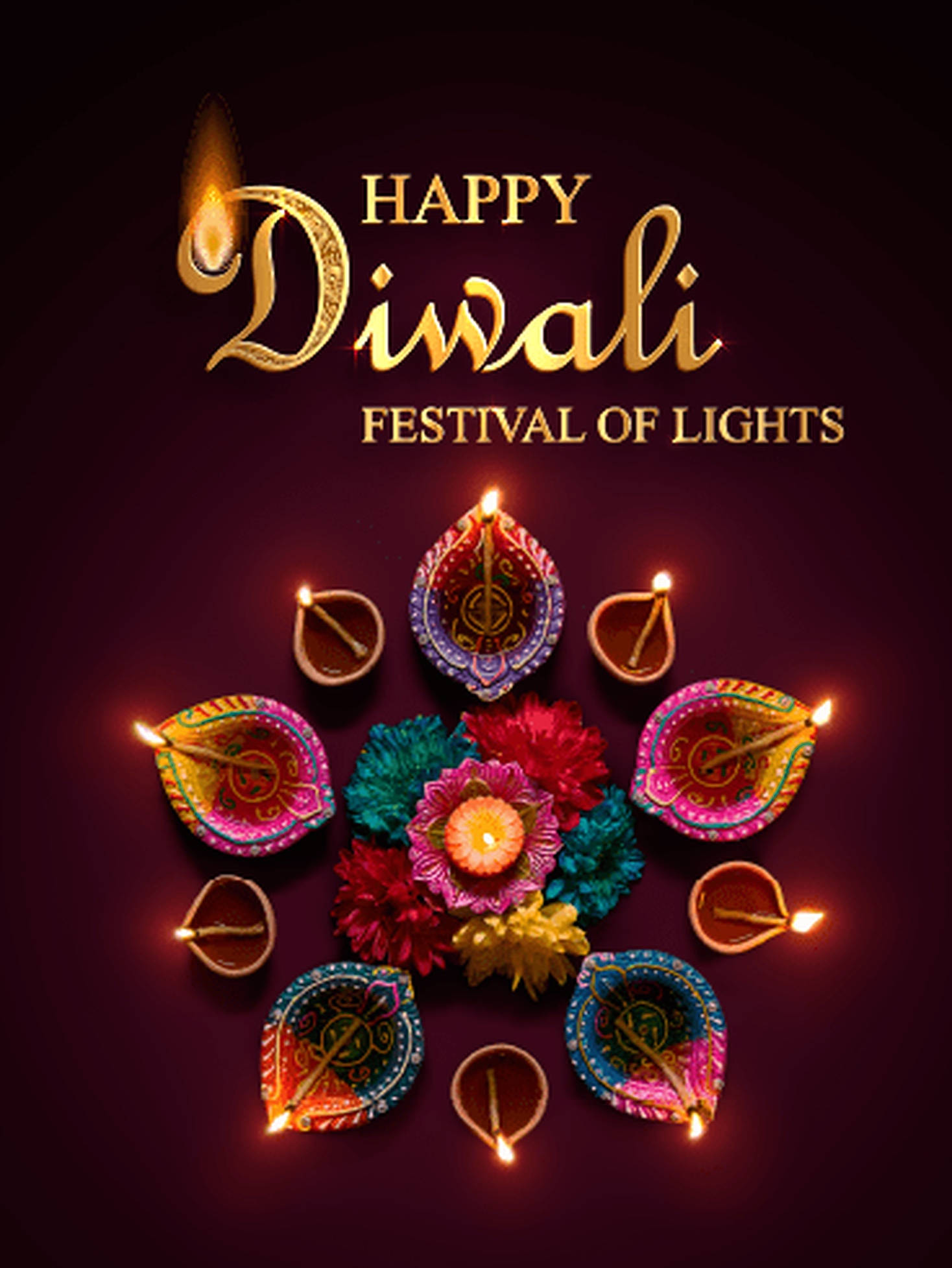 Diwali, diyas, colorful flowers, Full HD Phone Wallpaper