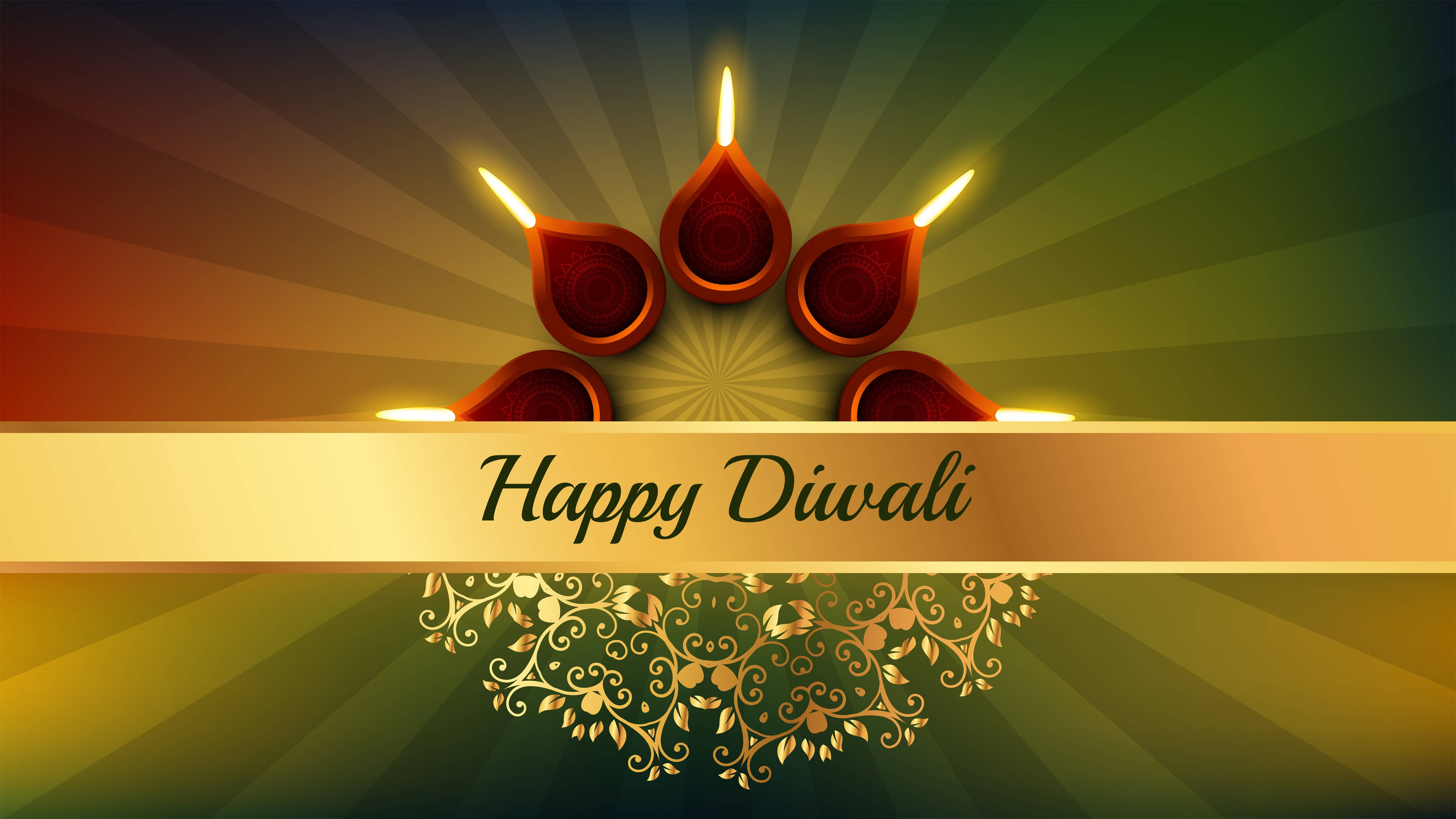Happy Diwali, golden banner, five glowing red diya lamps, 4K Desktop Wallpaper