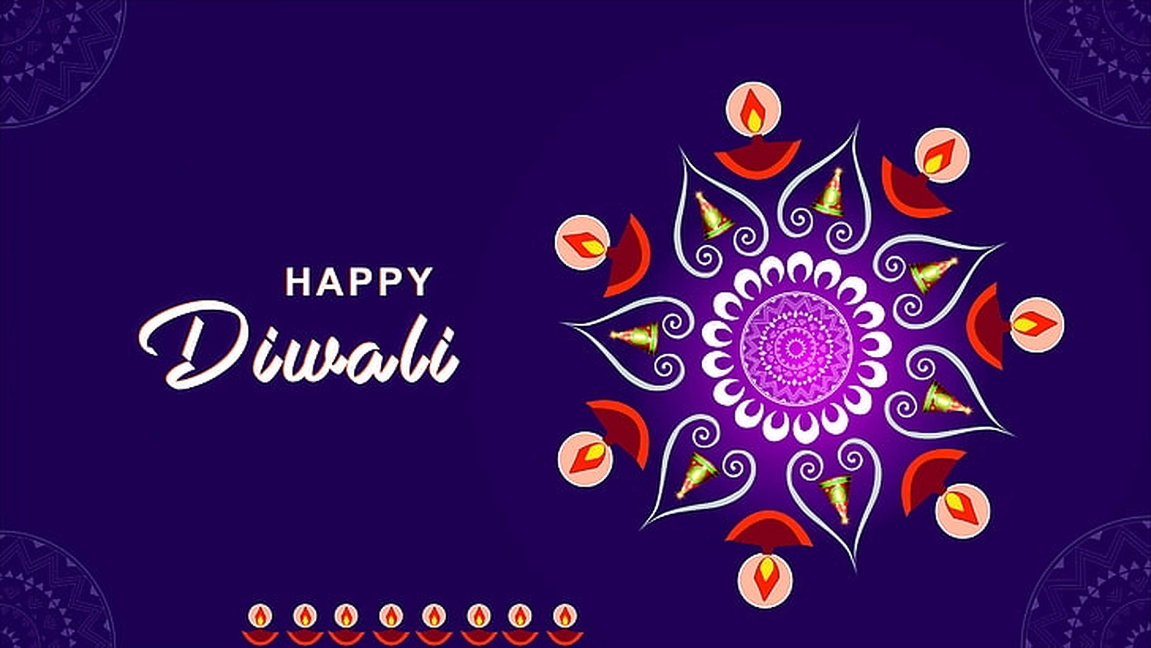 Diwali, glowing purple mandala, lit diyas, Full HD Desktop Wallpaper