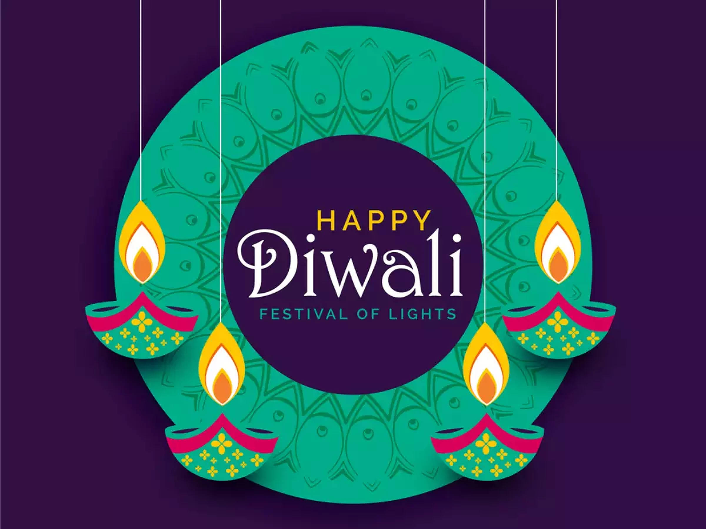 Diwali, teal mandala, hanging oil lamps, Full HD Desktop Wallpaper