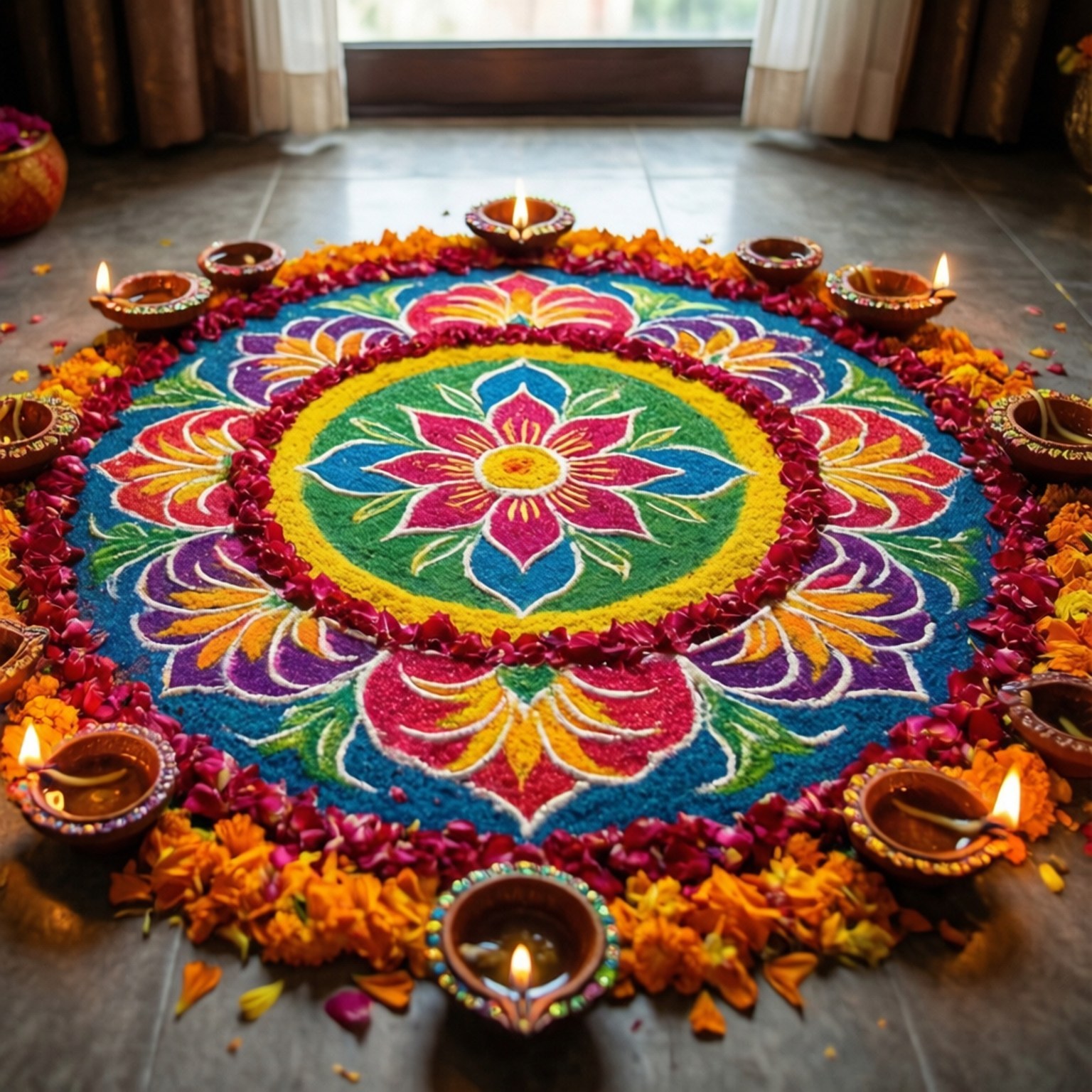 vibrant rangoli art, colored powders, flower petals, HD Desktop Wallpaper