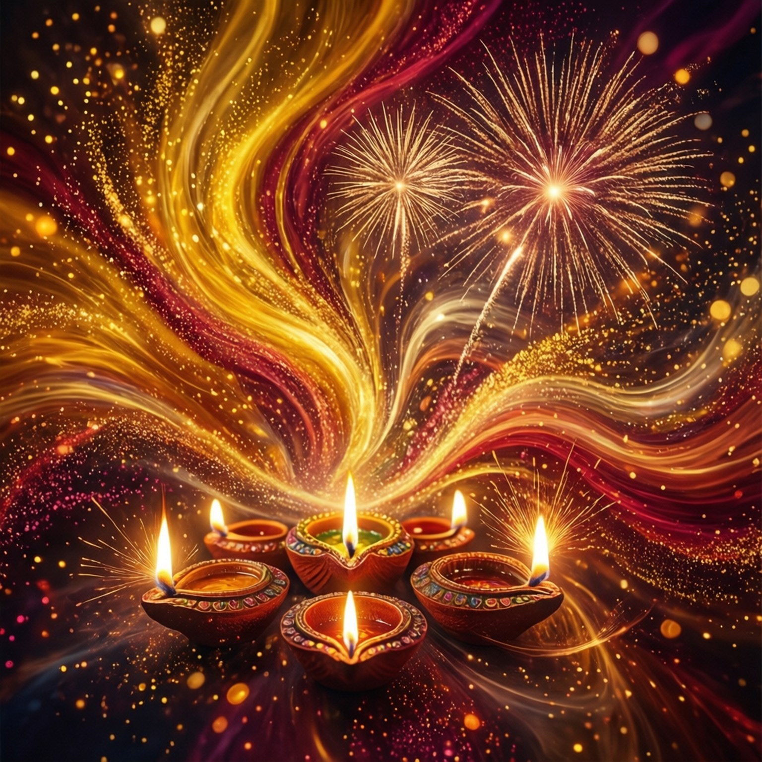 diya lamps, golden red, purple fireworks, HD Desktop Wallpaper