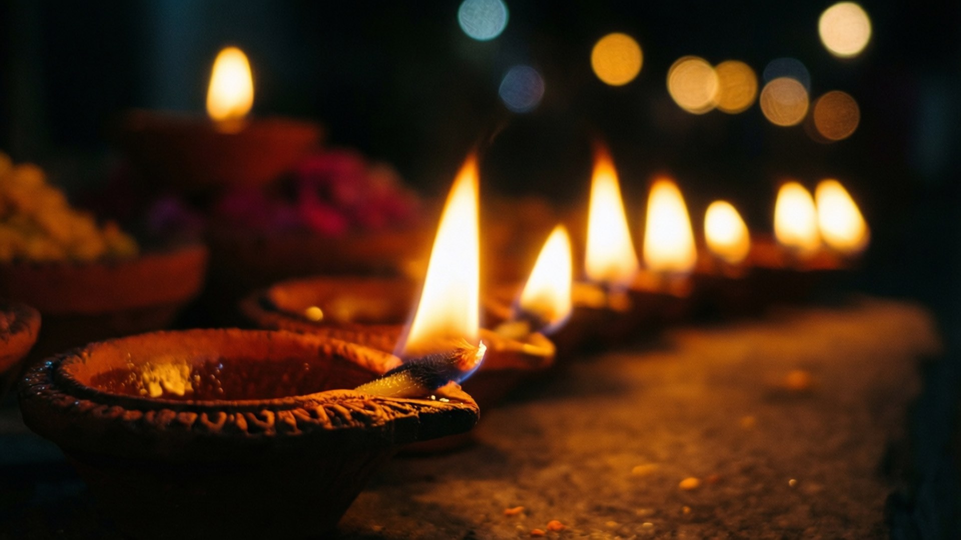 glowing diyas, terracotta diyas, flickering flames, Full HD Desktop Wallpaper