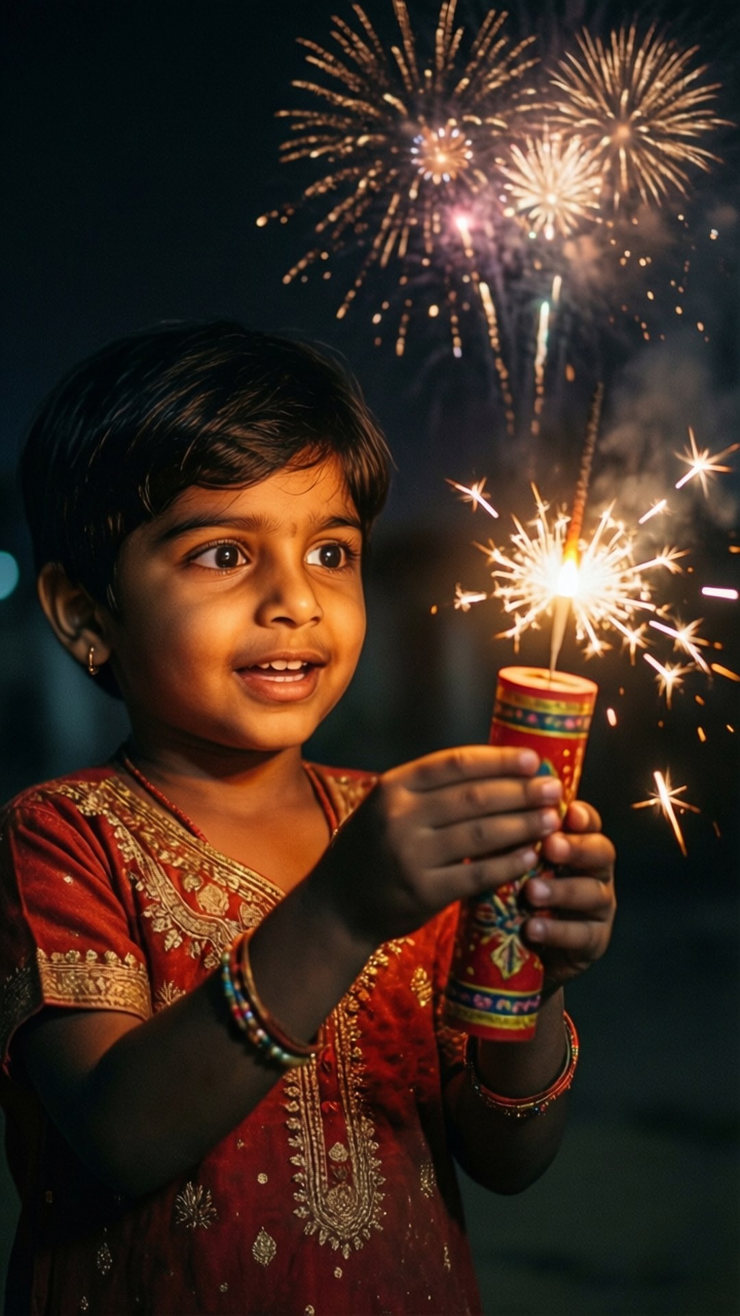 child, sparkler, red embroidered dress, Full HD Phone Wallpaper