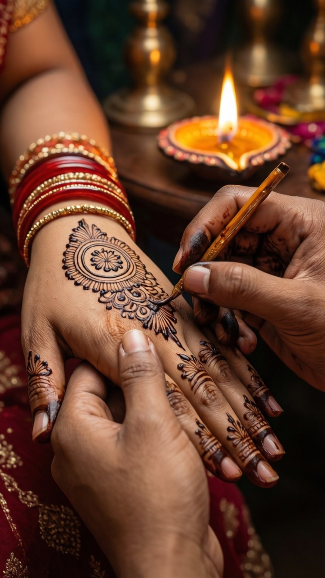 henna, diya, oil lamp, Full HD Phone Wallpaper
