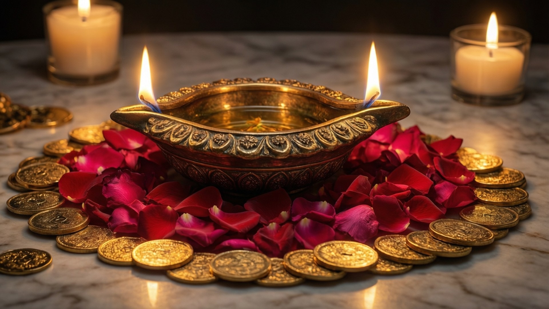 golden ornate oil lamp, two flames, red rose petals, Full HD Desktop Wallpaper