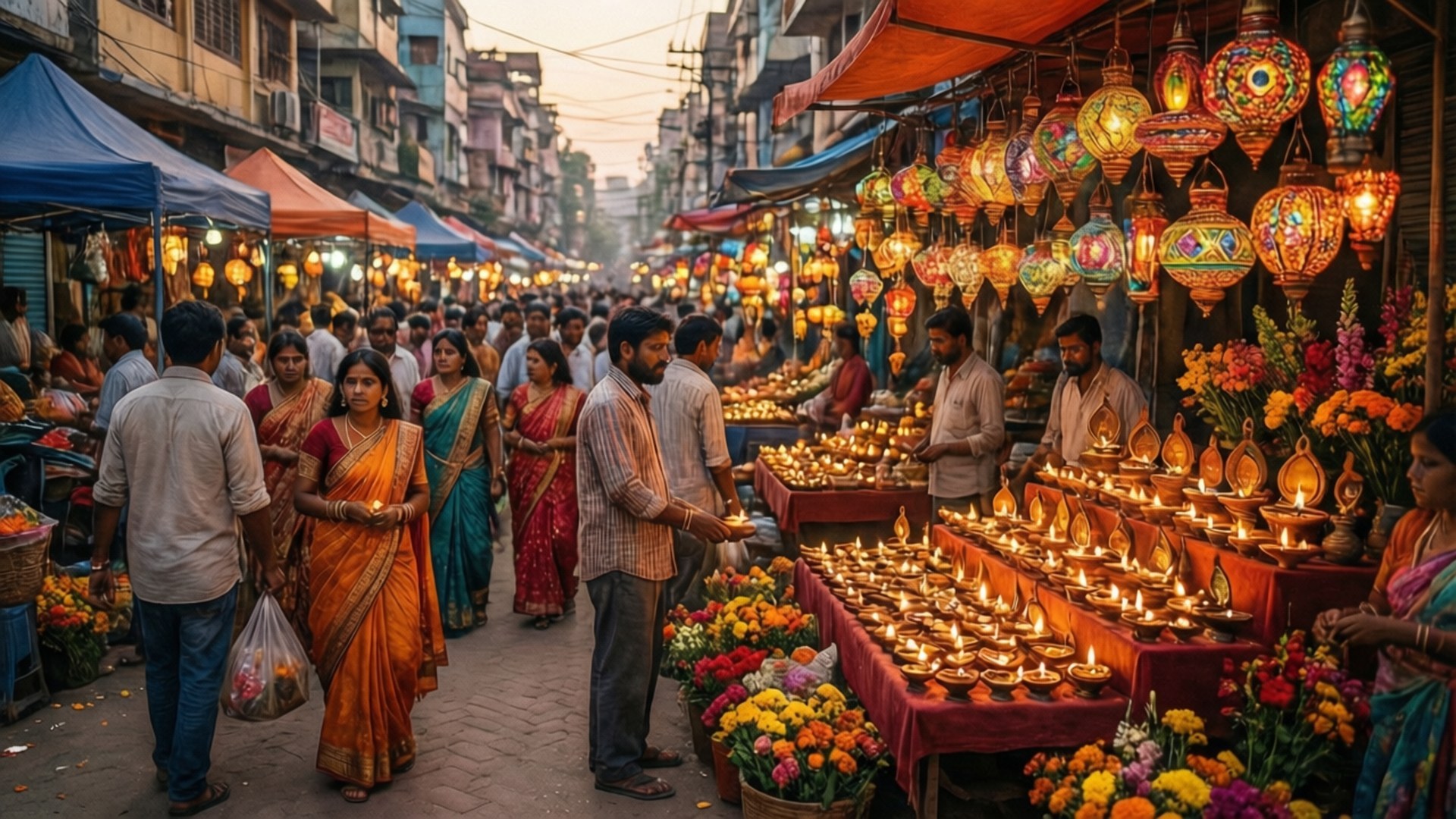 Diwali, dusk, bustling street market, Full HD Desktop Wallpaper