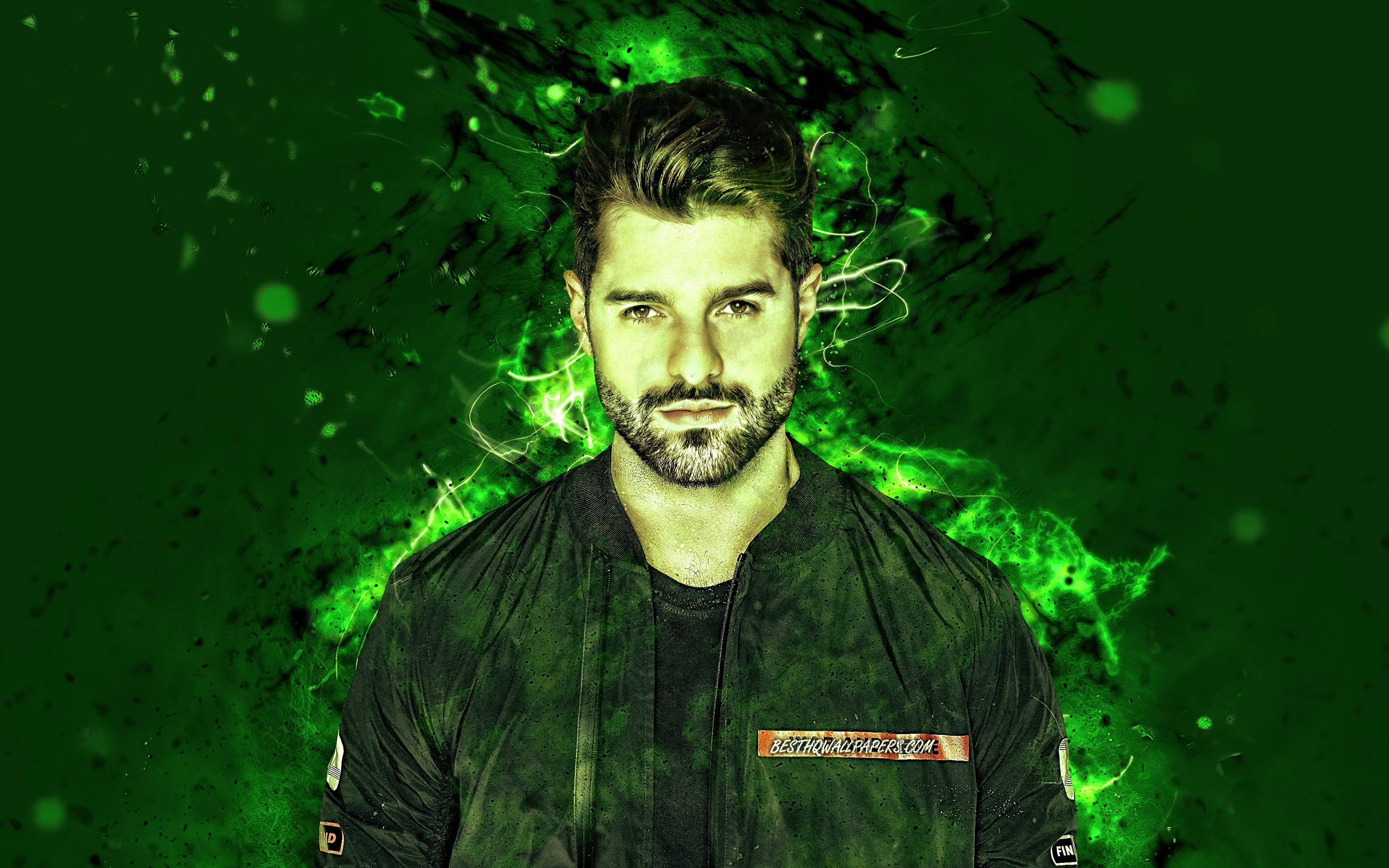 DJ Alok, Free Fire, neon green background, 4K Desktop Wallpaper