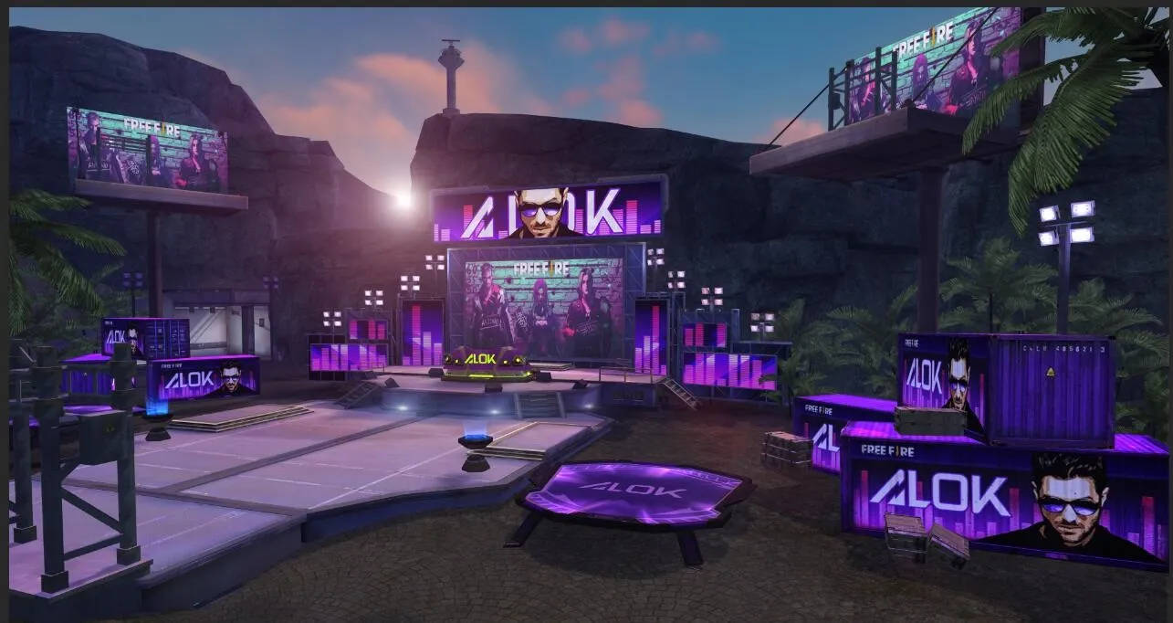 Free Fire, DJ Alok, futuristic concert stage, HD Desktop Wallpaper