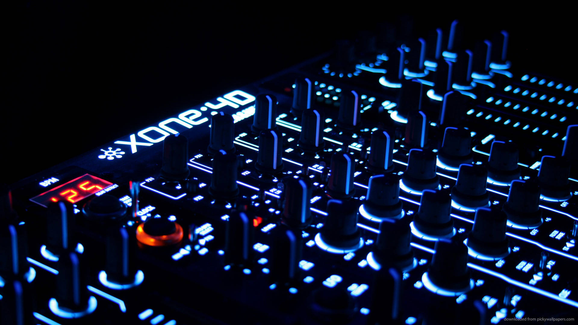 DJ Mixer, glowing blue and red, illuminated knobs and buttons, Full HD Desktop Wallpaper