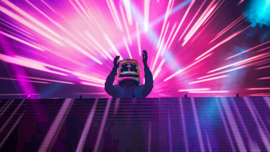 DJ, glowing mask, explosive pink and purple laser lights, SD Desktop Wallpaper