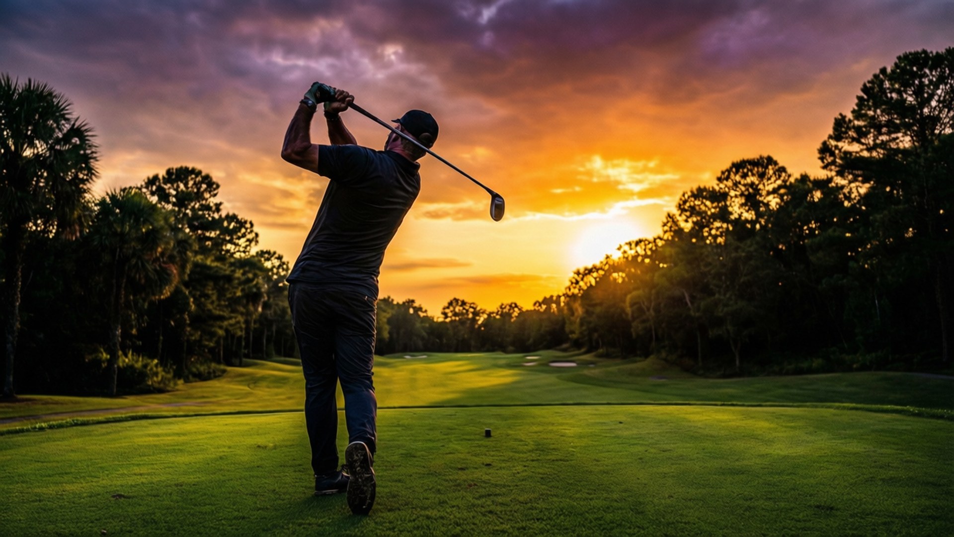 DJ Trahan, golf swing, sunset, Full HD Desktop Wallpaper