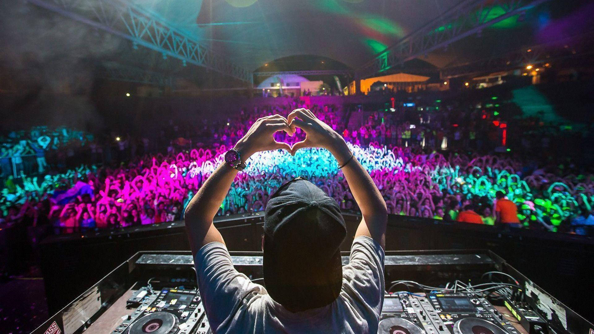 House Music DJ, glowing crowd, vibrant nighttime concert, Full HD Desktop Wallpaper