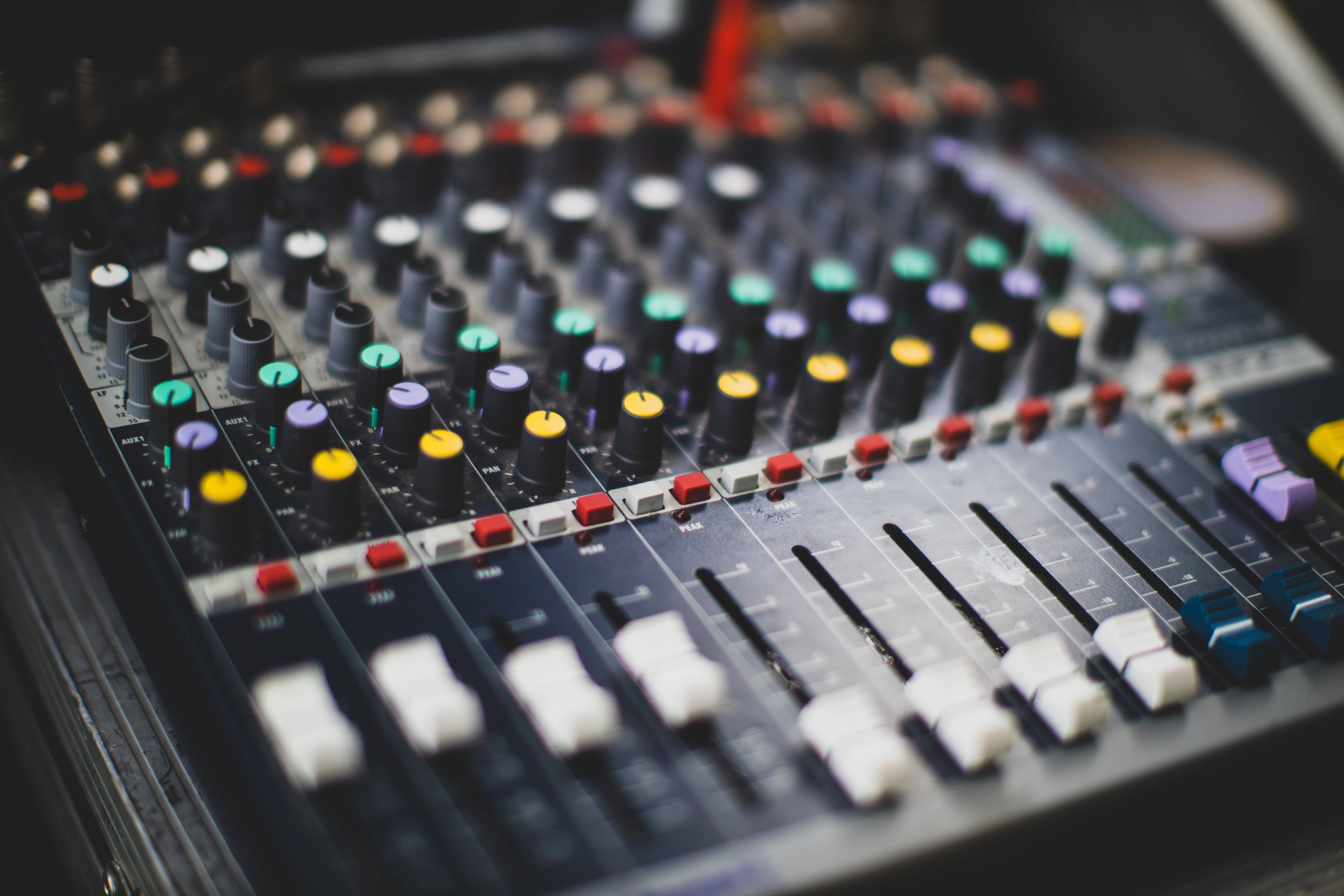 DJ Music Mixer Equipment, professional audio mixing console, colorful knobs, 5K Desktop Wallpaper