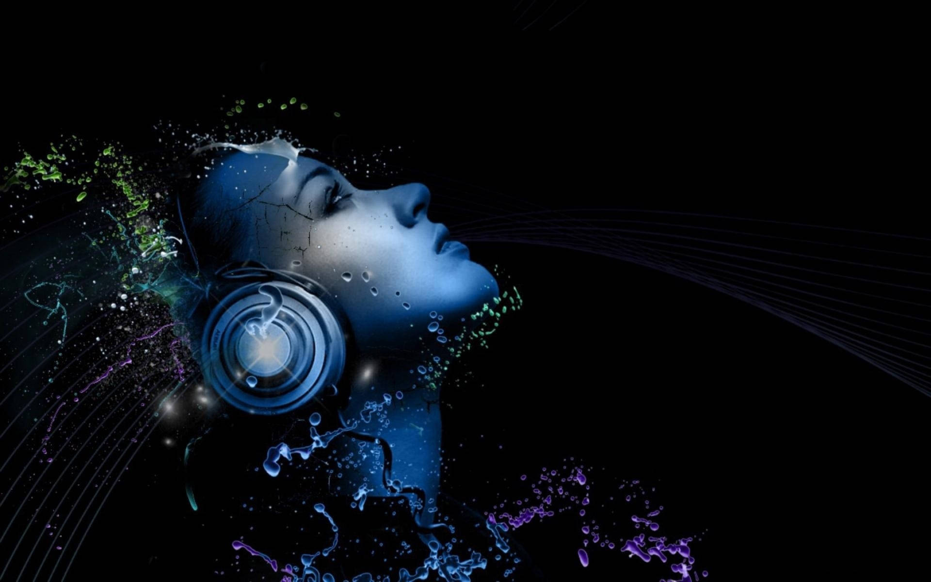blue headphones, vibrant digital particles, glowing lines, Full HD Desktop Wallpaper
