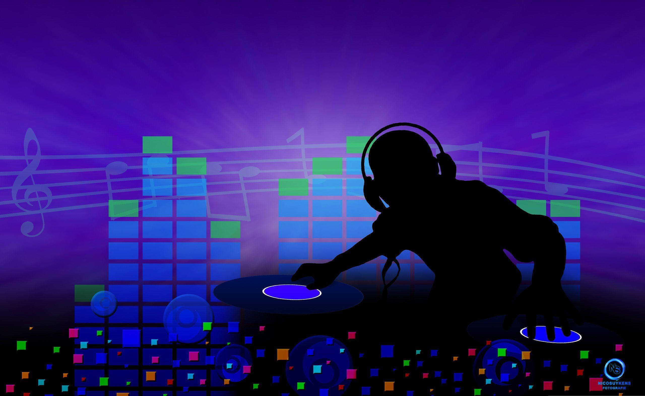 Digital DJ Silhouette, vibrant purple background, glowing music notes, 2K Desktop Wallpaper