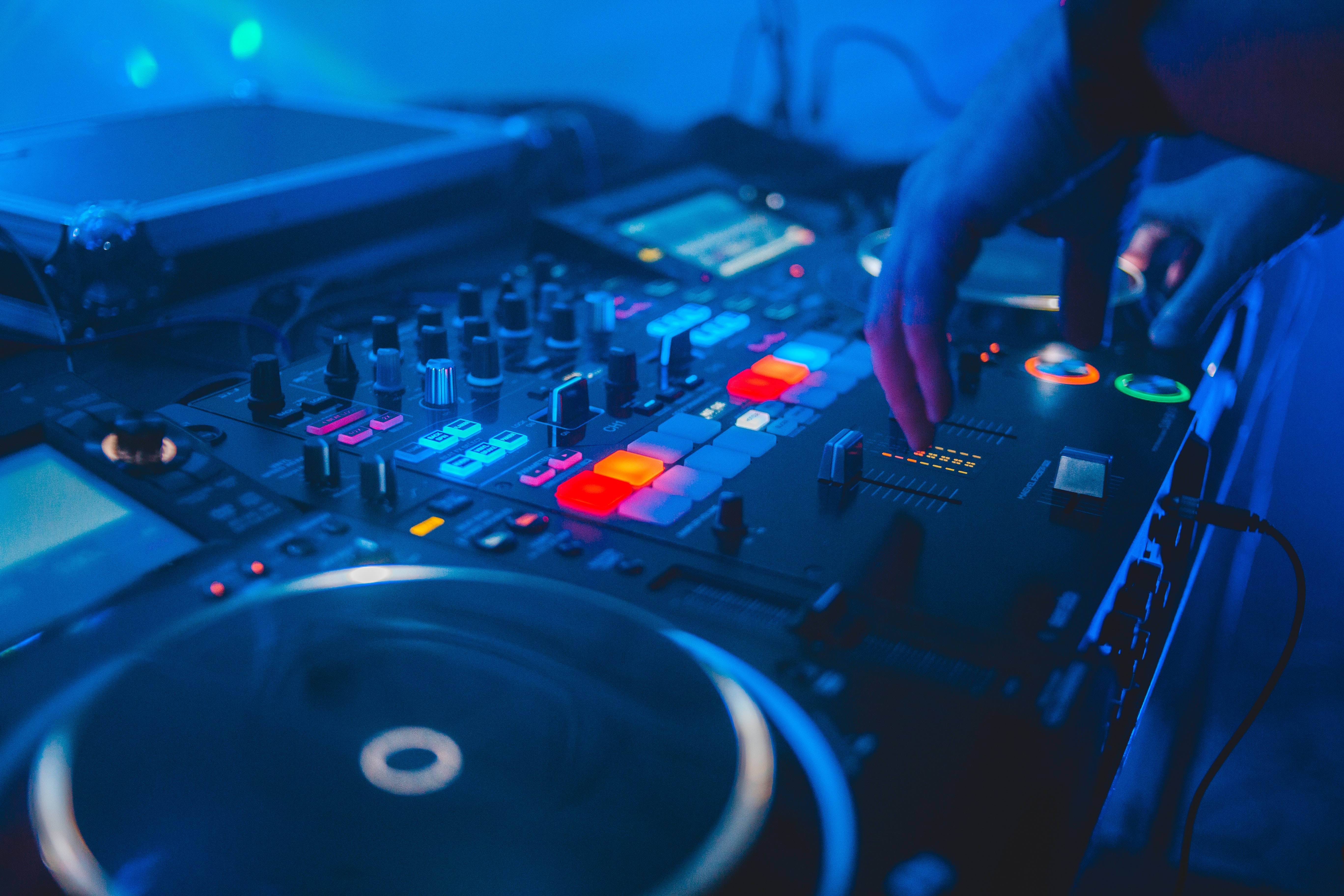 Neon Blue Dj, disco music, glowing buttons, 5K Desktop Wallpaper