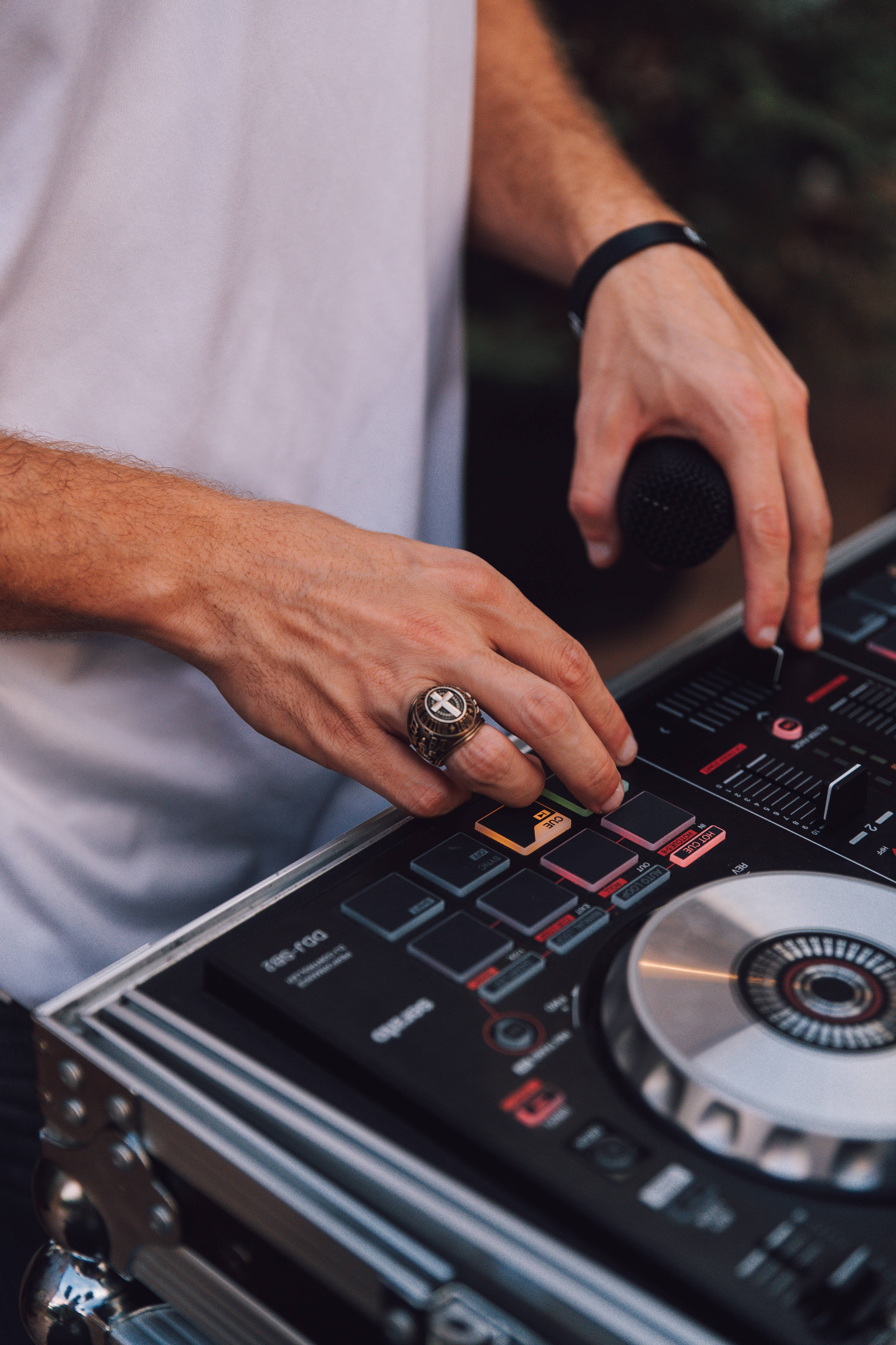 DJ controller, black DJ controller, silver turntable, 5K Phone Wallpaper