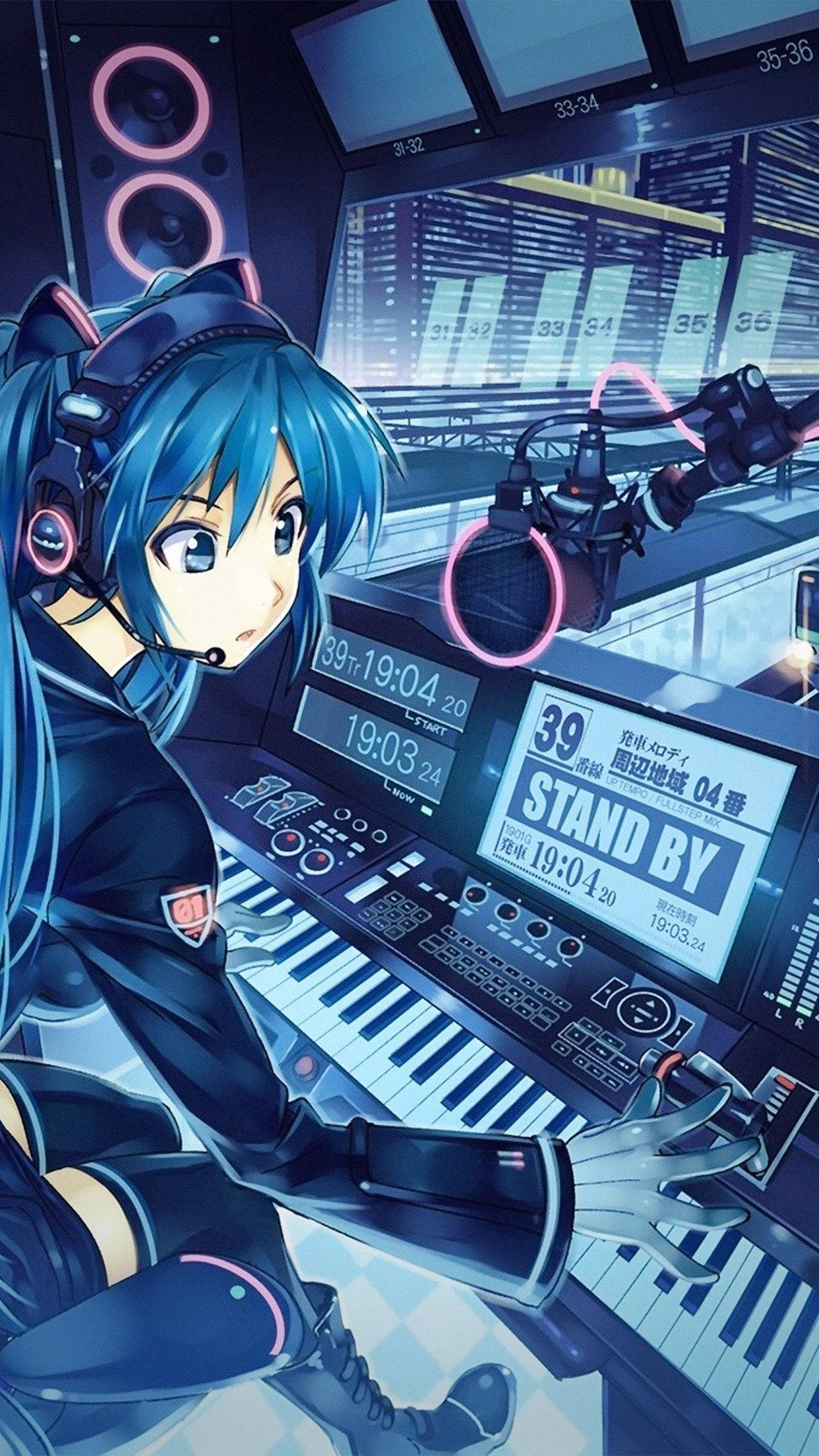 DJ Cute Anime Girl, blue-haired, futuristic studio, Full HD Phone Wallpaper