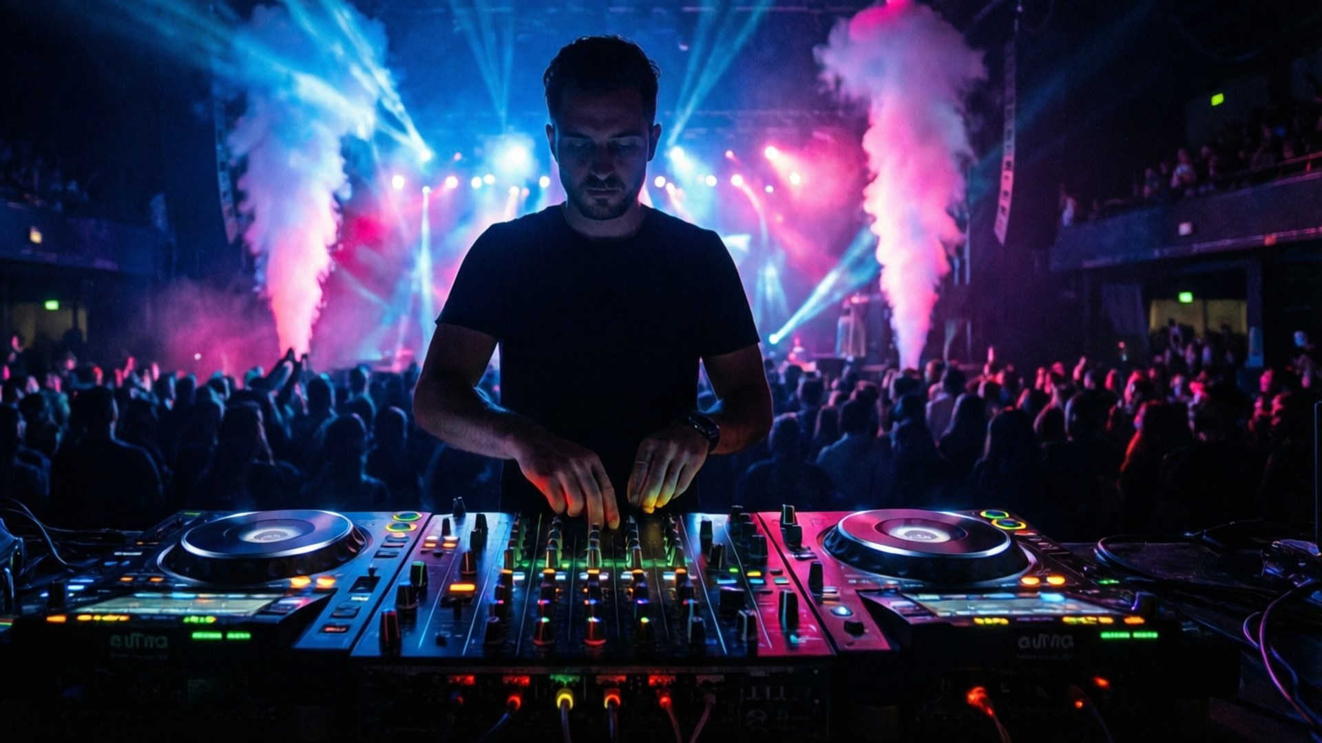Neon DJ Silhouette, black shirt, glowing turntable, Full HD Desktop Wallpaper
