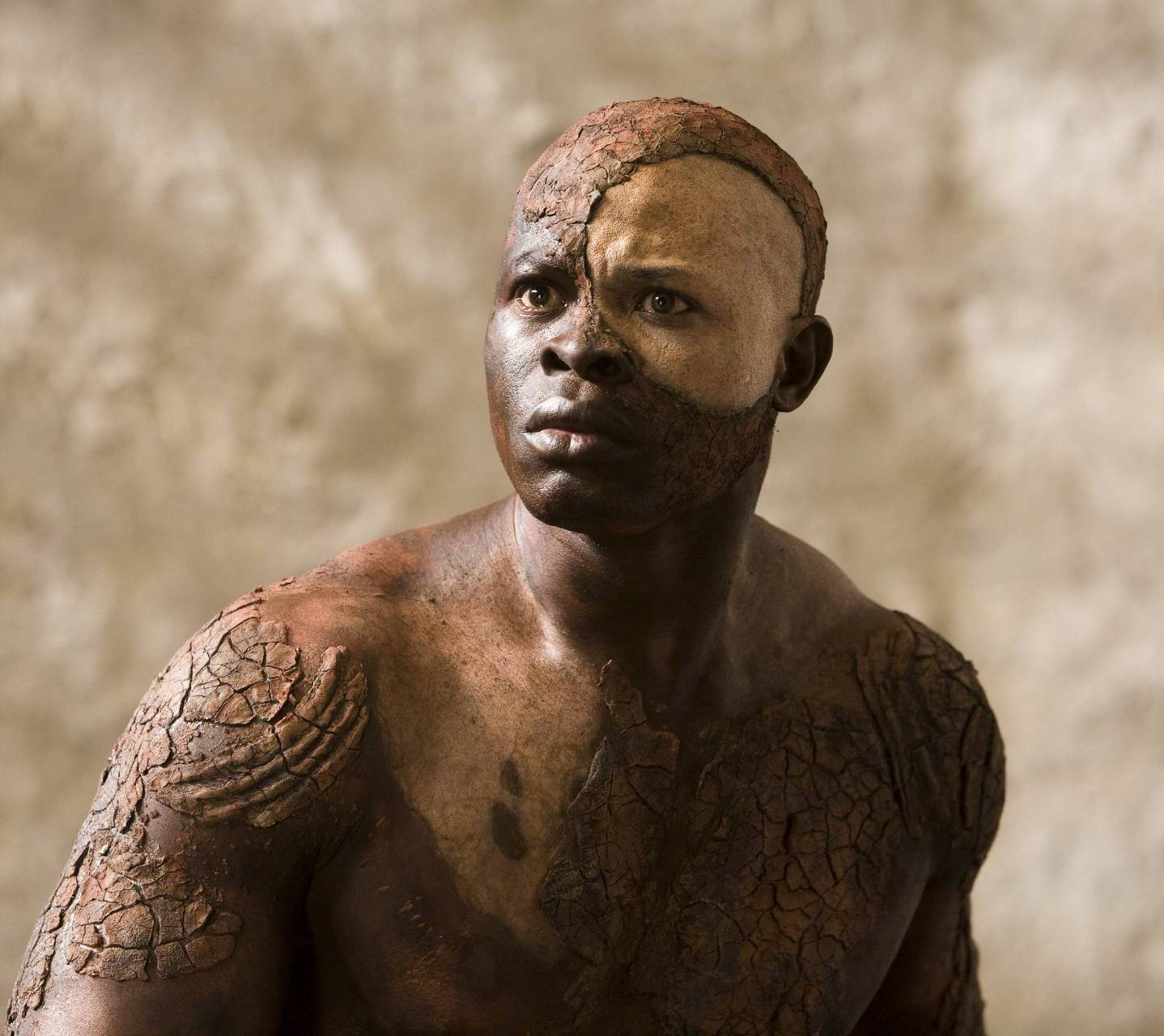 Djimon Hounsou, cracked earth-like skin, paint on half his face, HD Desktop Wallpaper