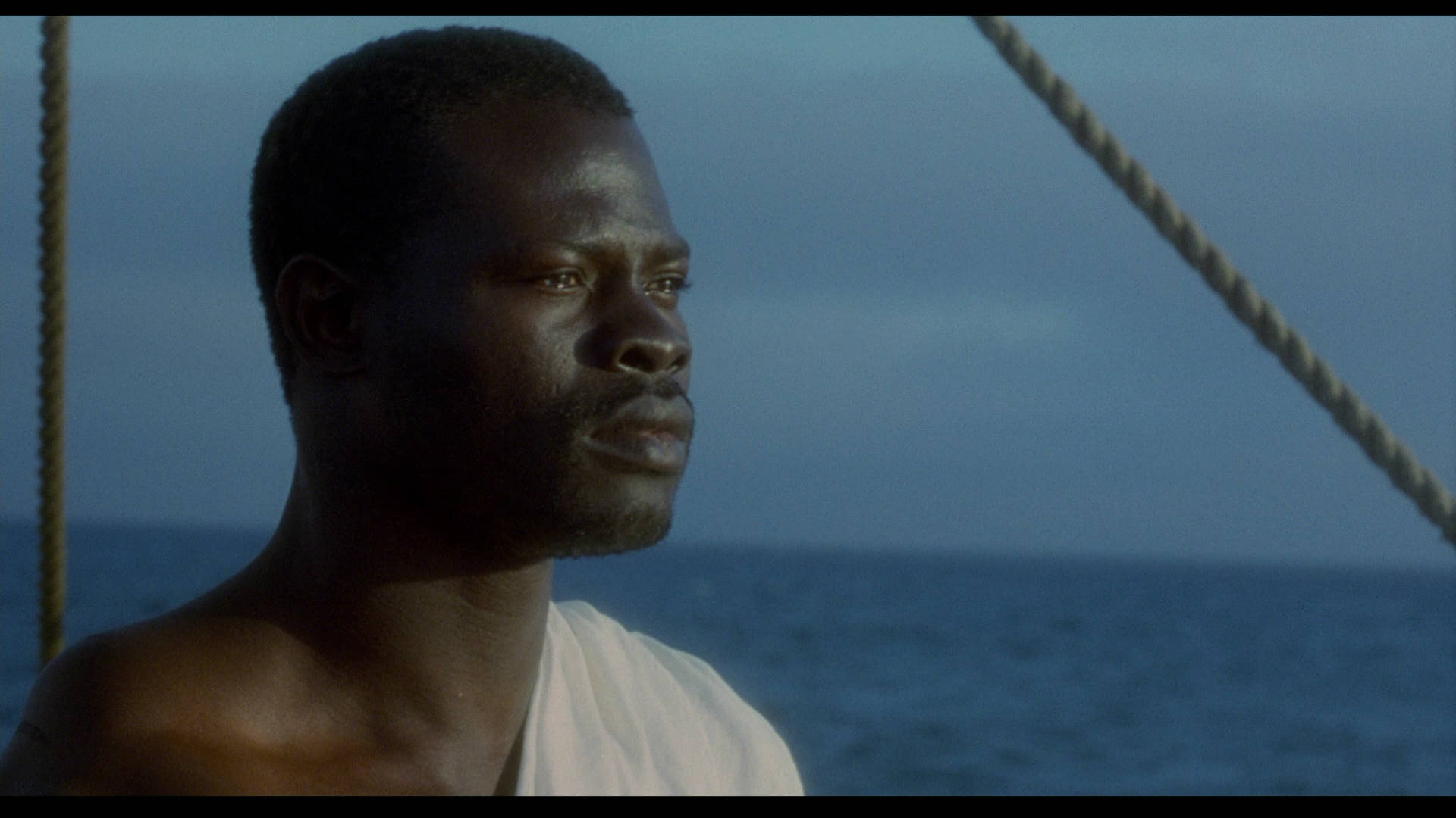 Djimon Hounsou, white shirt, dusky blue ocean, Full HD Desktop Wallpaper