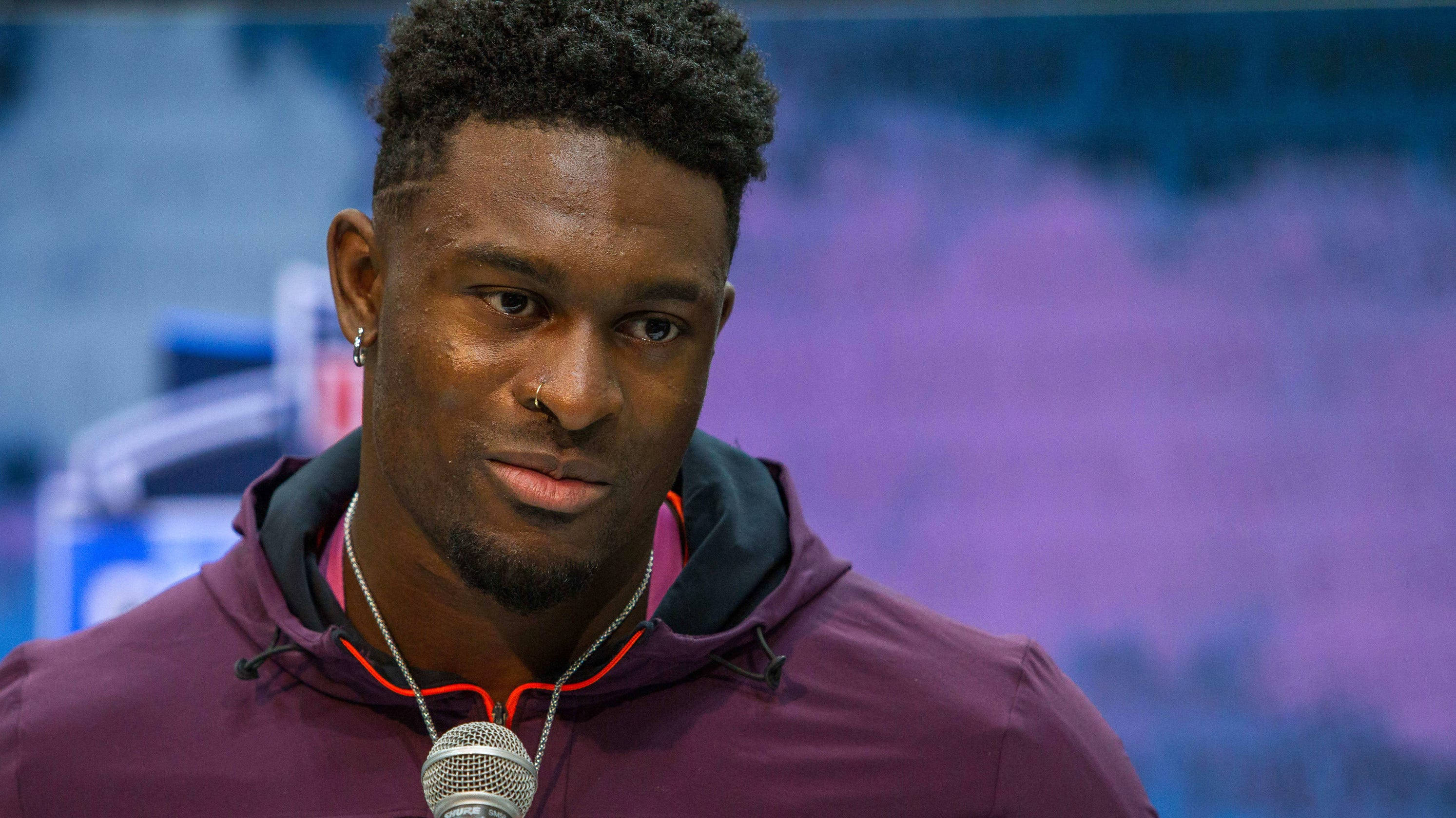 DK Metcalf, purple hoodie, microphone, 2K Desktop Wallpaper