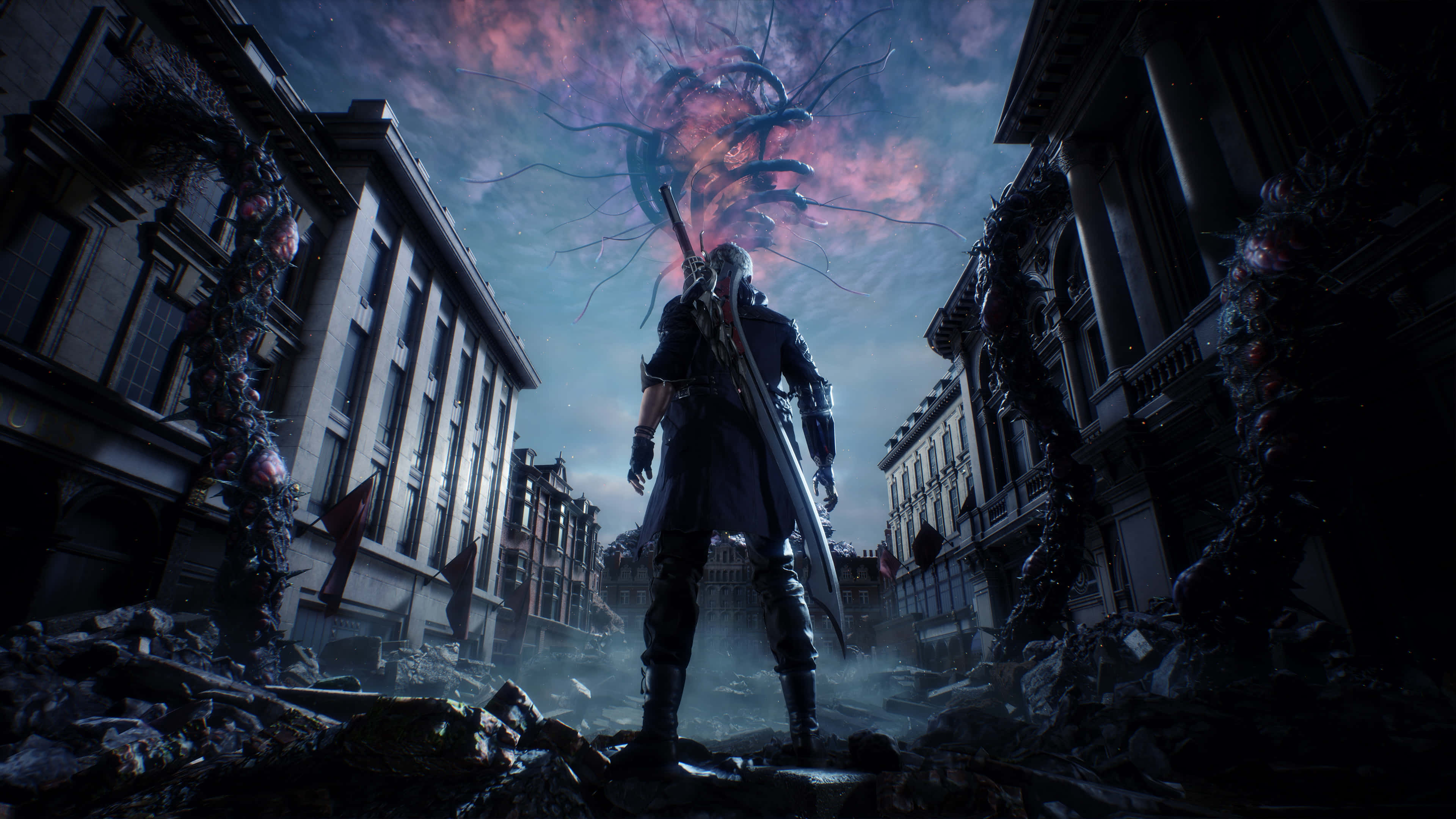 Dmc 5, ruined city street, monstrous cosmic entity, 4K Desktop Wallpaper