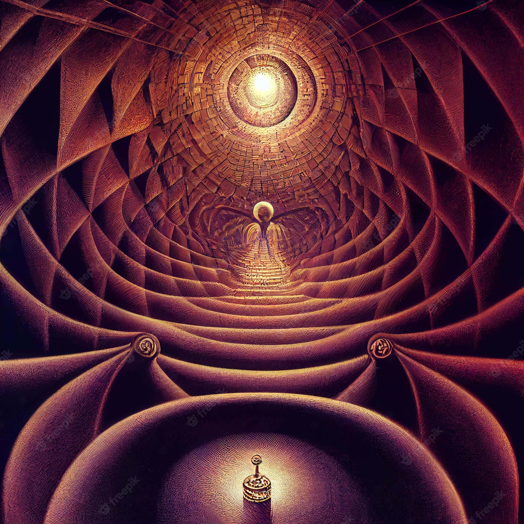 DMT, glowing angelic figure, spiraling brick tunnel, Full HD Desktop Wallpaper