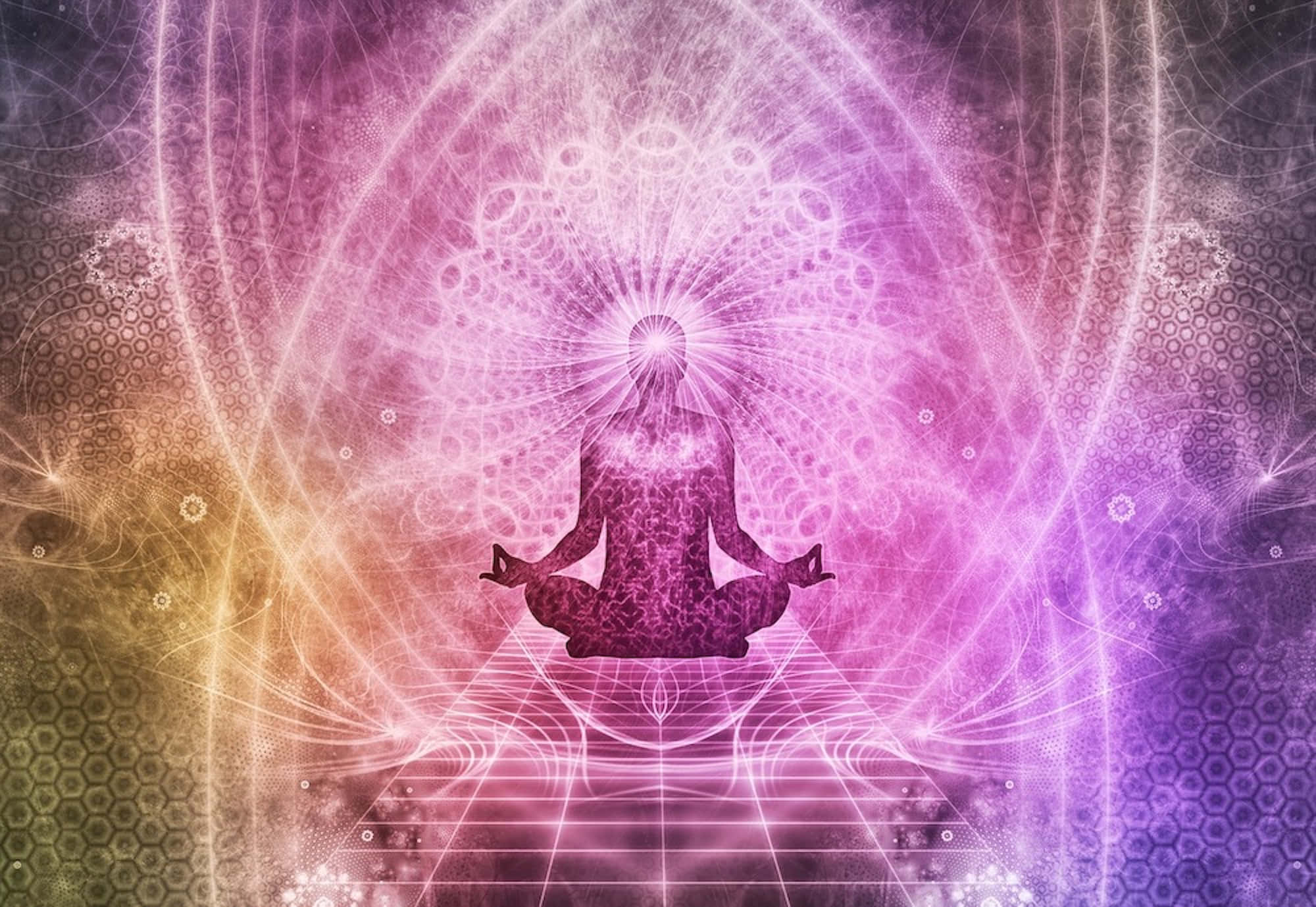 DMT, lotus pose, glowing fractal patterns, Full HD Desktop Wallpaper