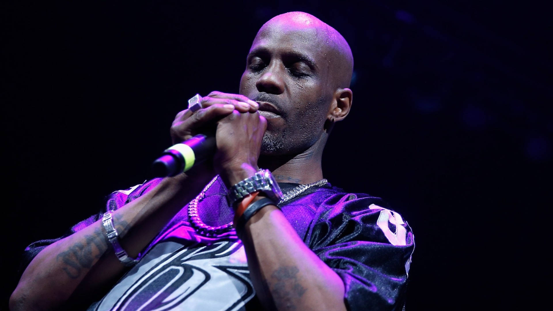 DMX, purple stage lights, bald male performer, Full HD Desktop Wallpaper