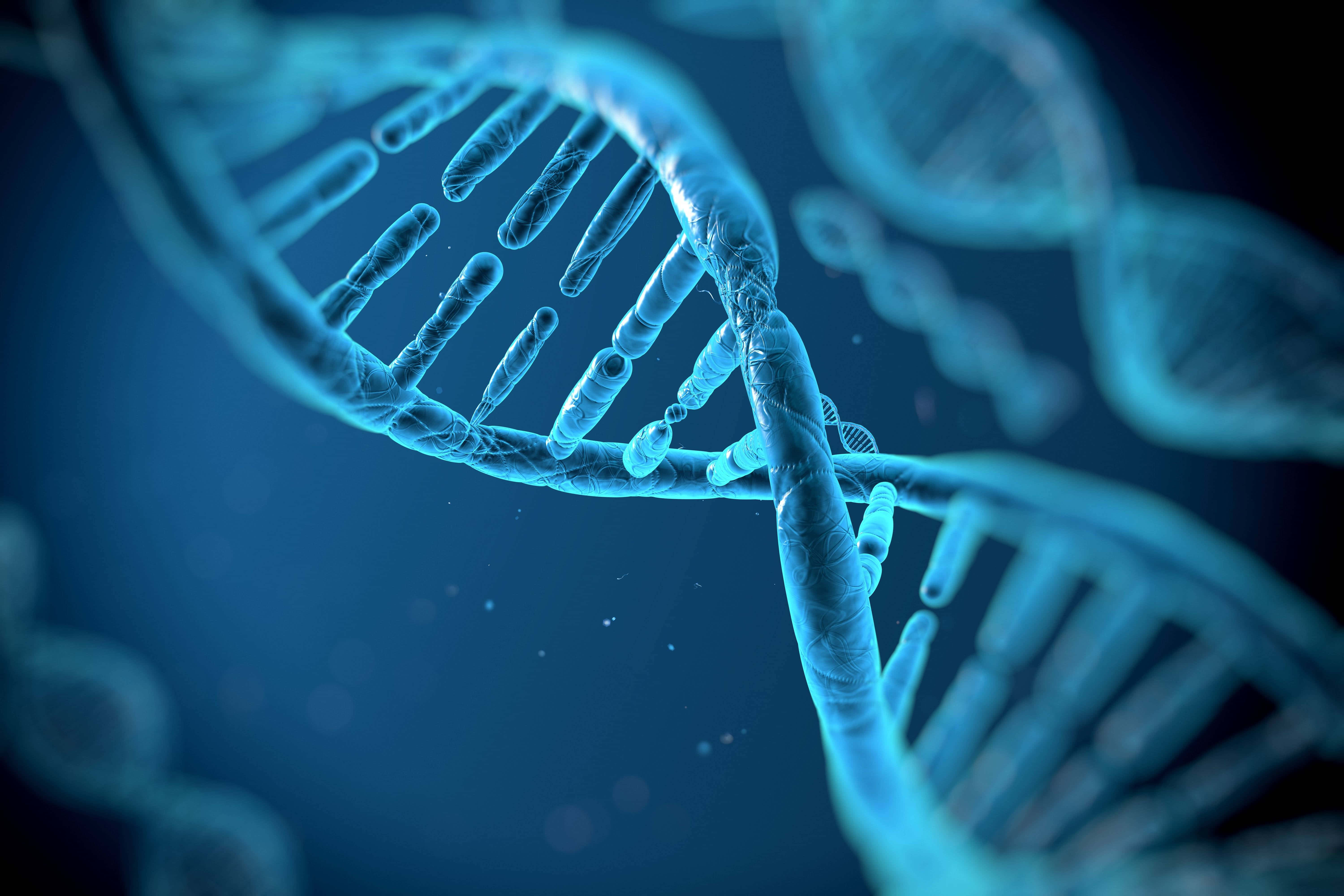 blue DNA double helix, glowing blue, dark background, 5K Desktop Wallpaper