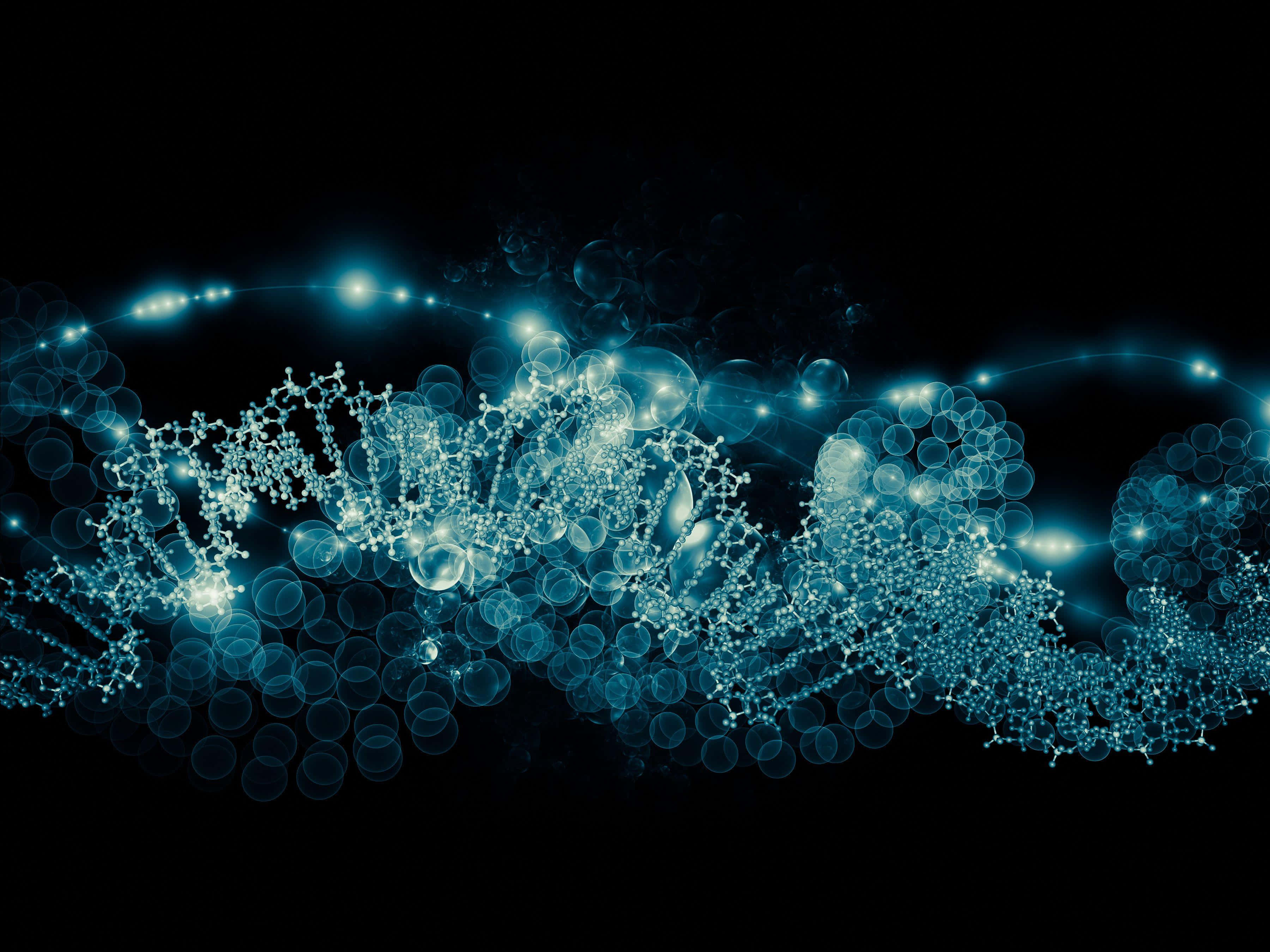 glowing blue, molecular structure, black background, 2K Desktop Wallpaper