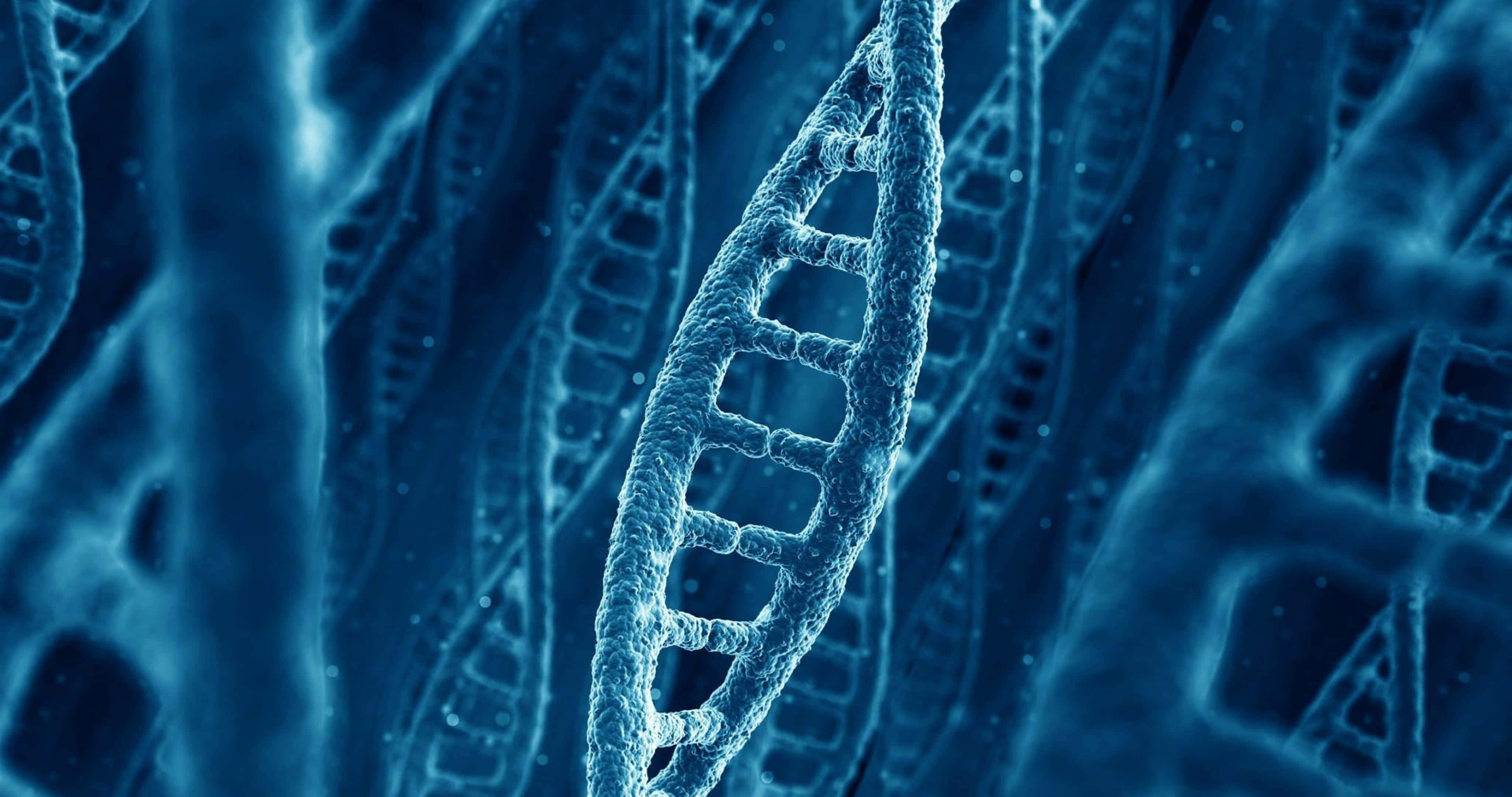 blue DNA double helix, glowing blue, blurred background, 4K Desktop Wallpaper
