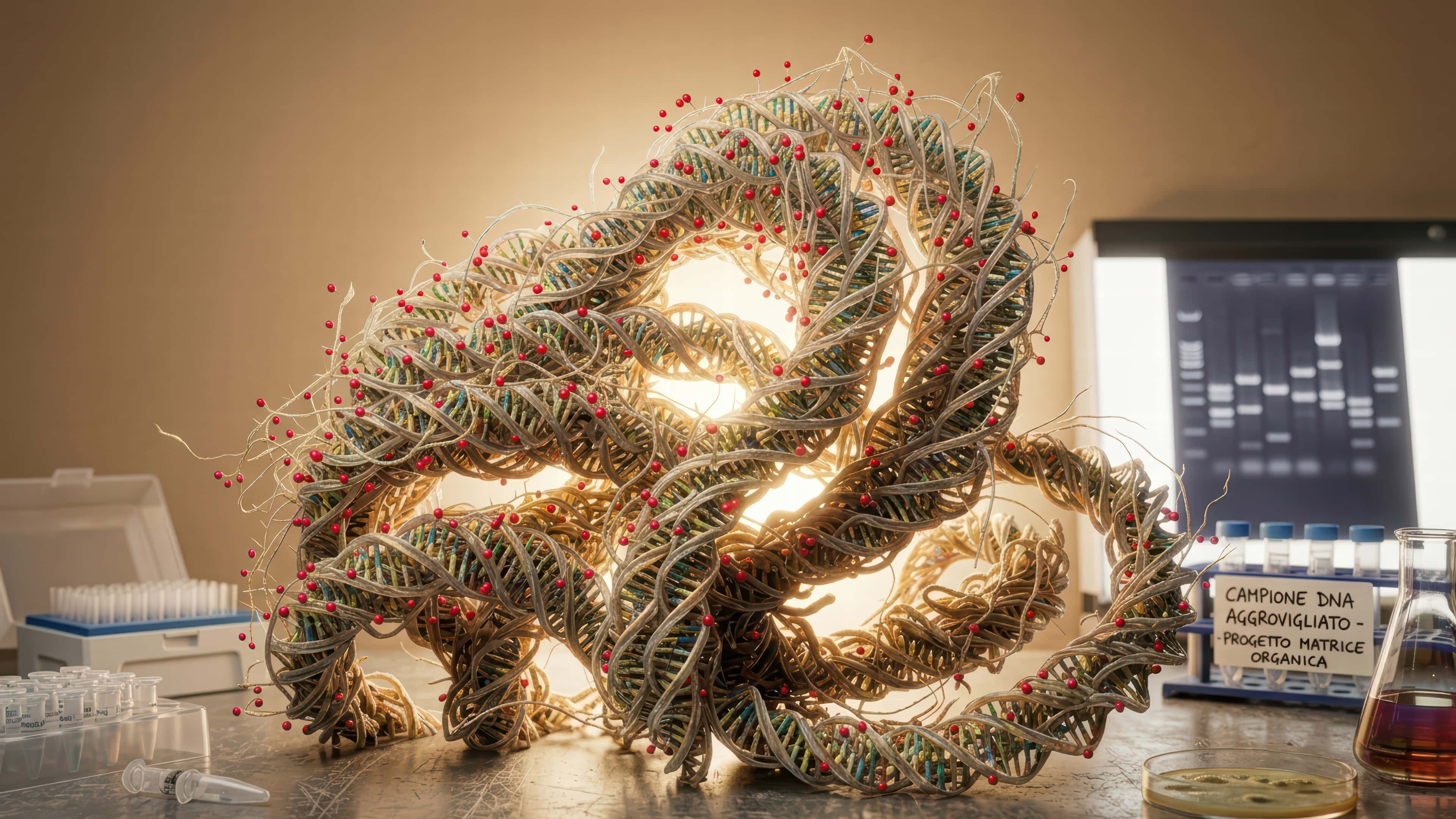 DNA strands, glowing abstract sculpture, red beads, 4K Desktop Wallpaper