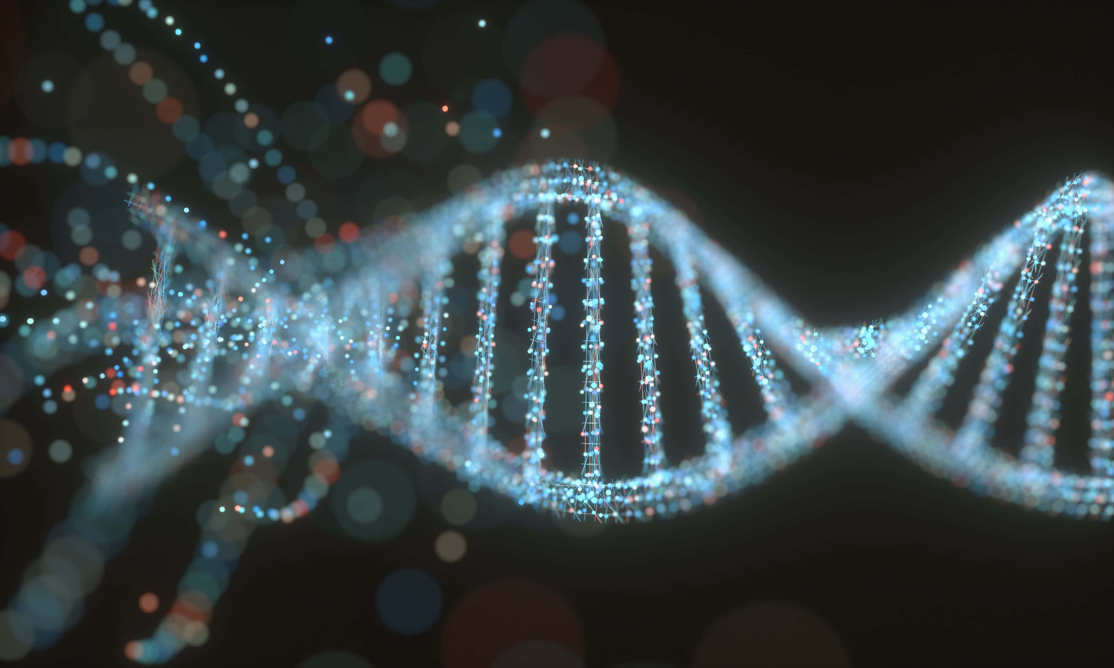 glowing blue DNA double helix, sparkling particles, dark background, 2K Desktop Wallpaper