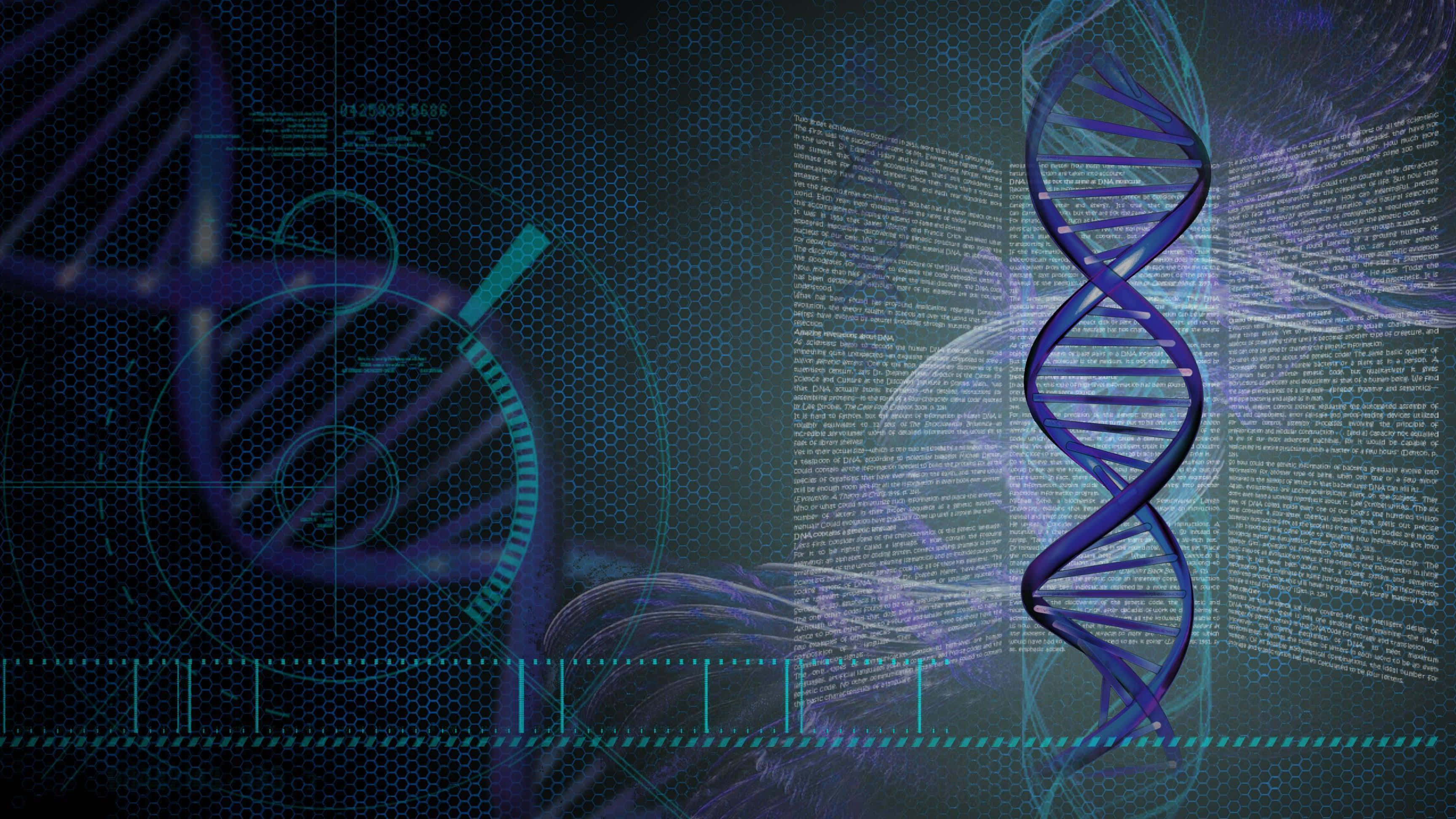 glowing blue DNA double helix, dark digital backdrop, hex grids, 2K Desktop Wallpaper