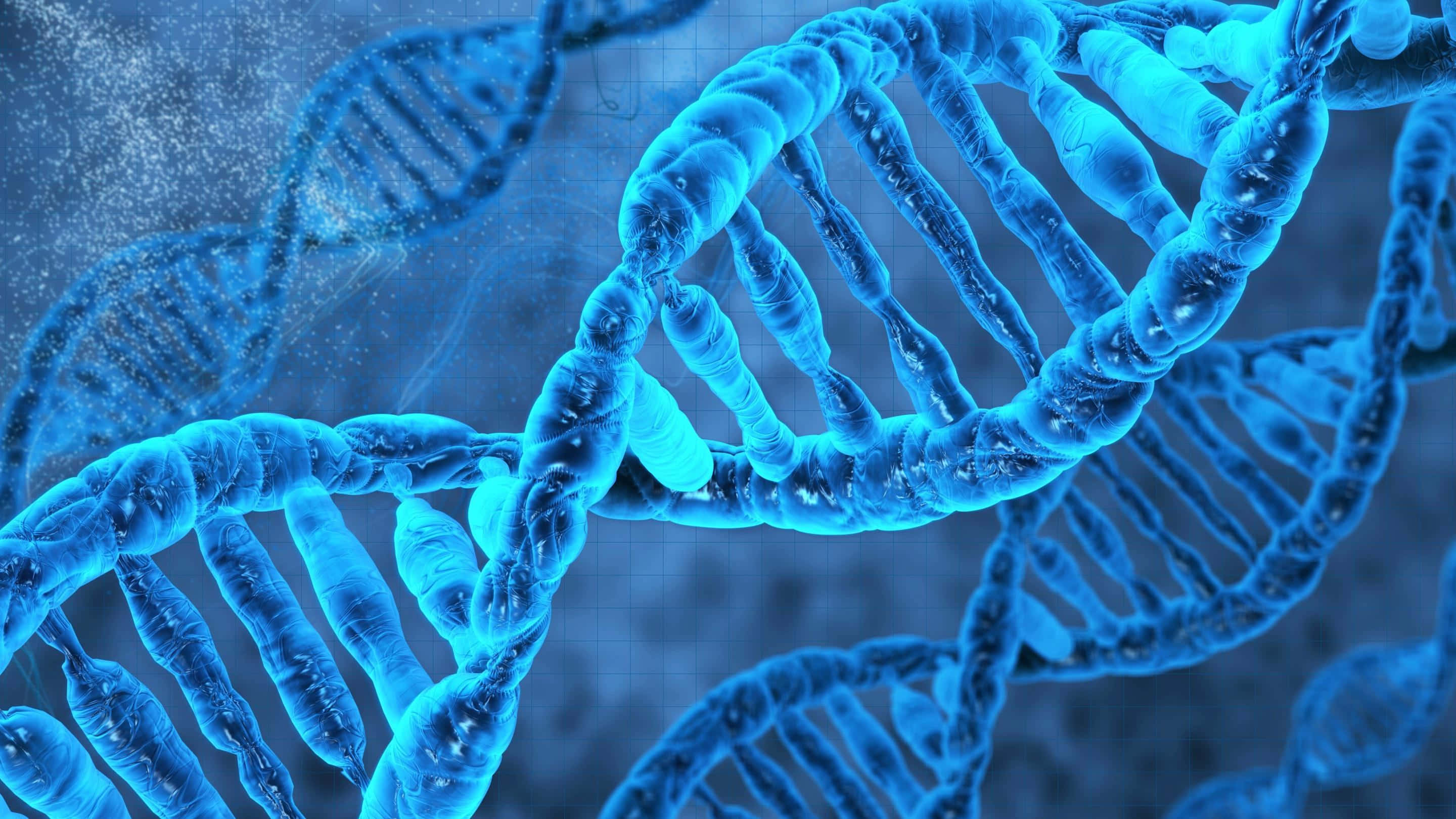 blue DNA double helix structure, glowing blue, double helix strands, 2K Desktop Wallpaper