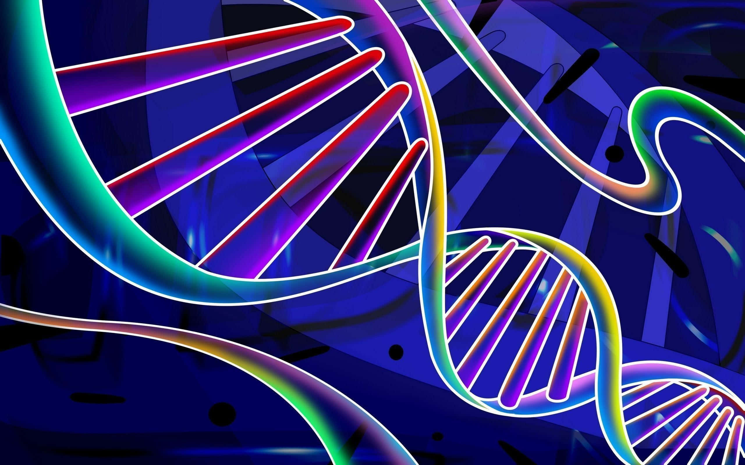 neon DNA double helixes, deep blue abstract background, glowing gradients, 2K Desktop Wallpaper