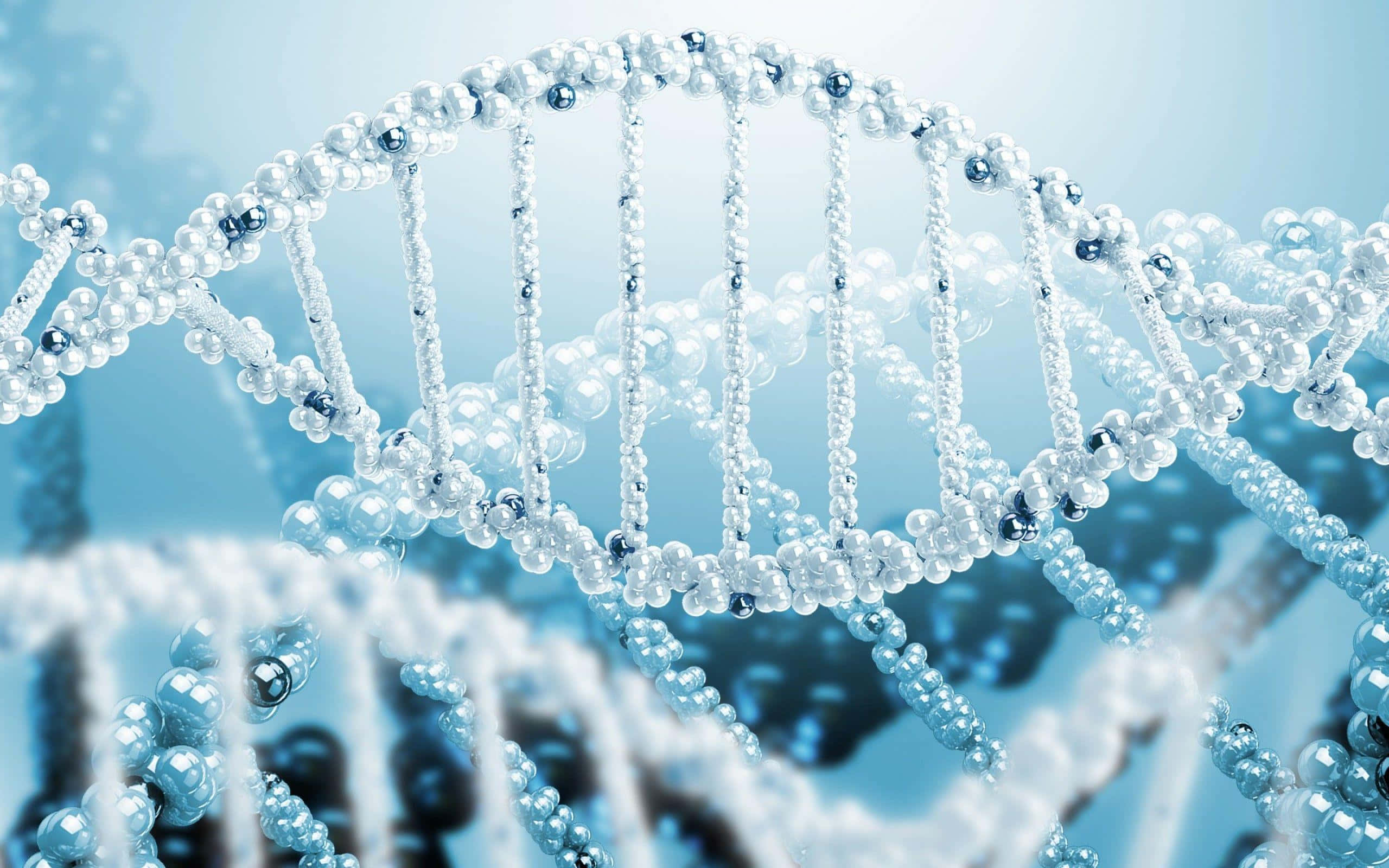 DNA double helix strands, glassy beads, soft blue gradient background, 2K Desktop Wallpaper