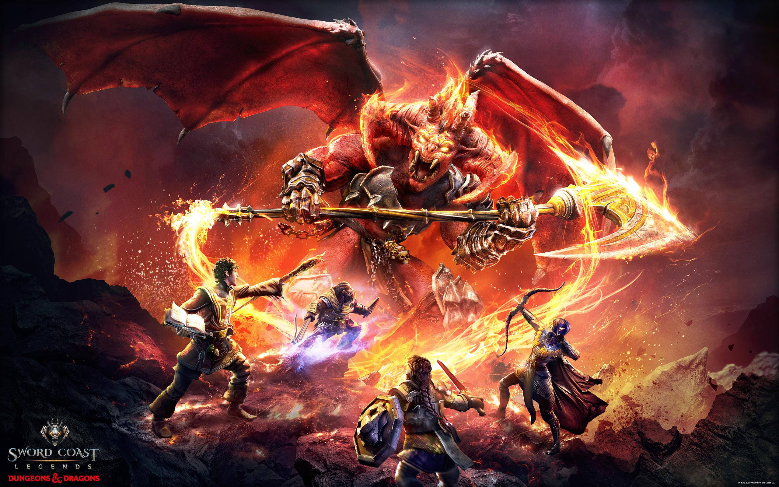 DnD, red dragon, flaming axe, 2K Desktop Wallpaper