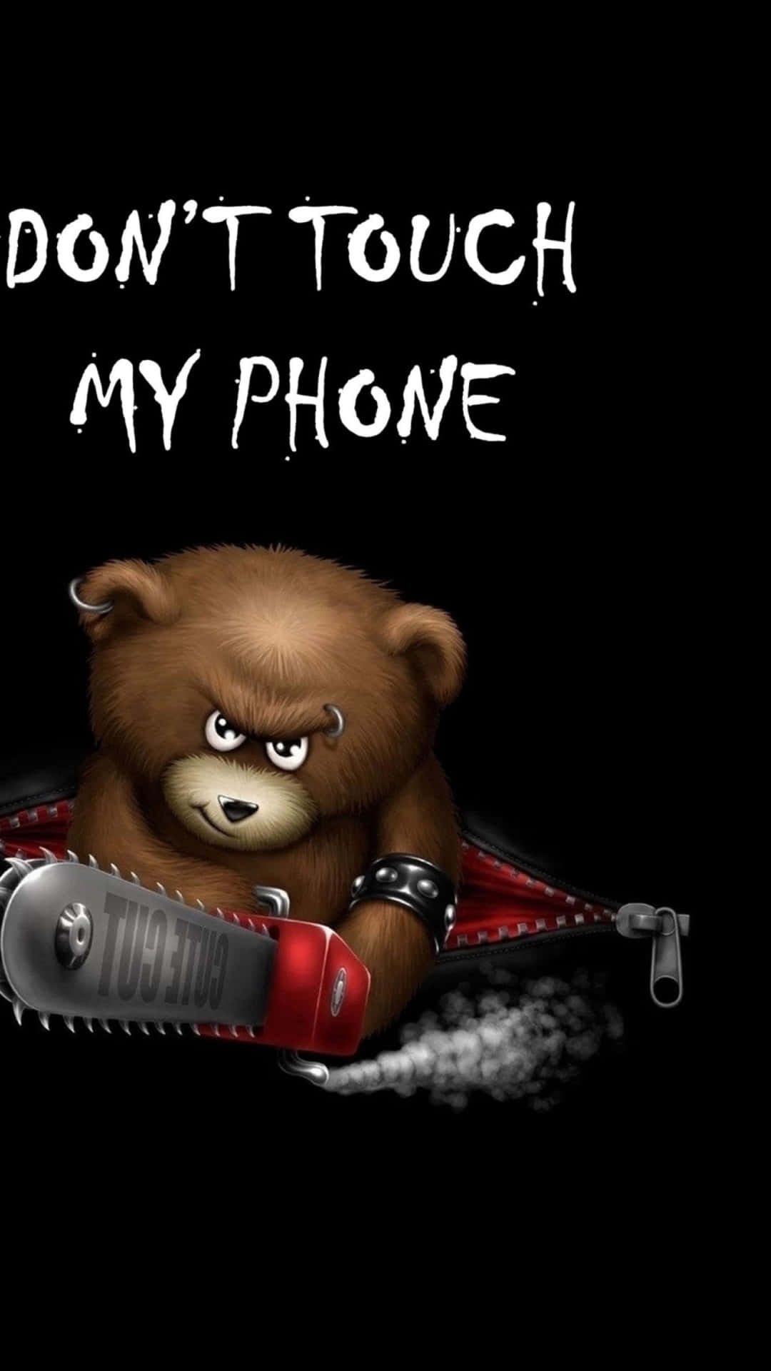 do not touch, teddy bear, chainsaw teeth, Full HD Phone Wallpaper