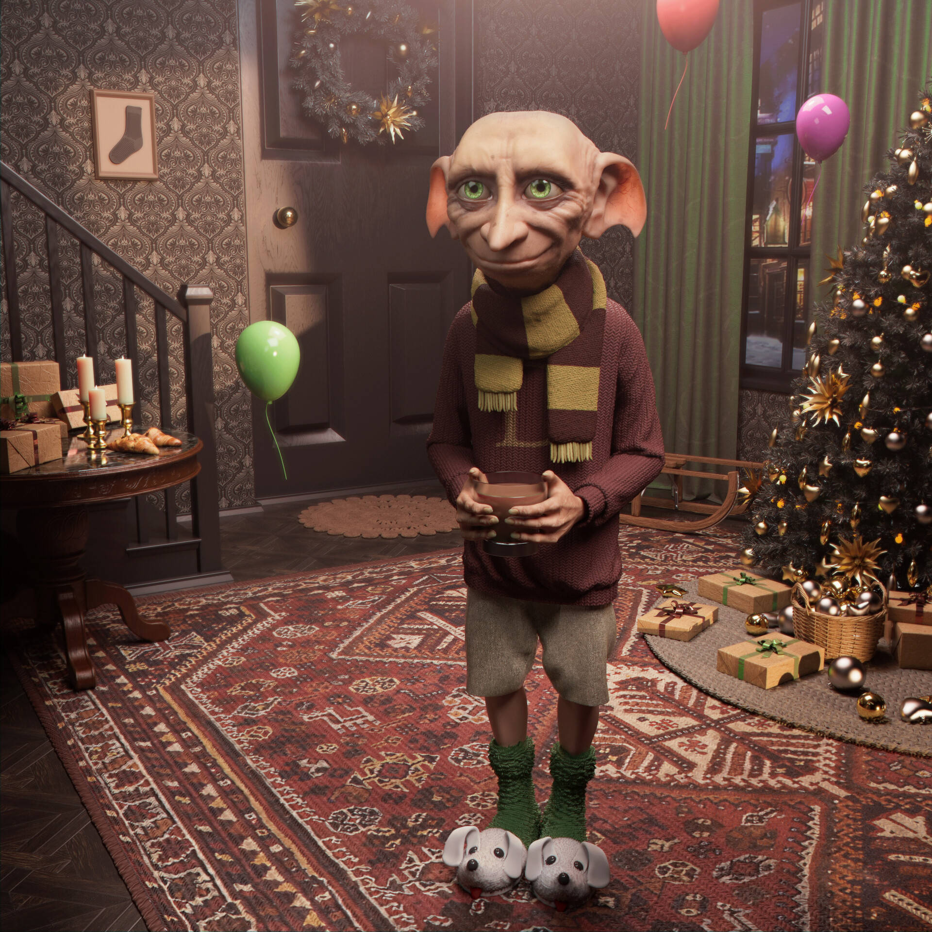 Dobby, Christmas tree, cozy living room, Full HD Desktop Wallpaper