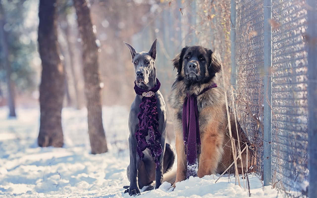 Doberman, purple scarves, snowy forest, HD Desktop Wallpaper