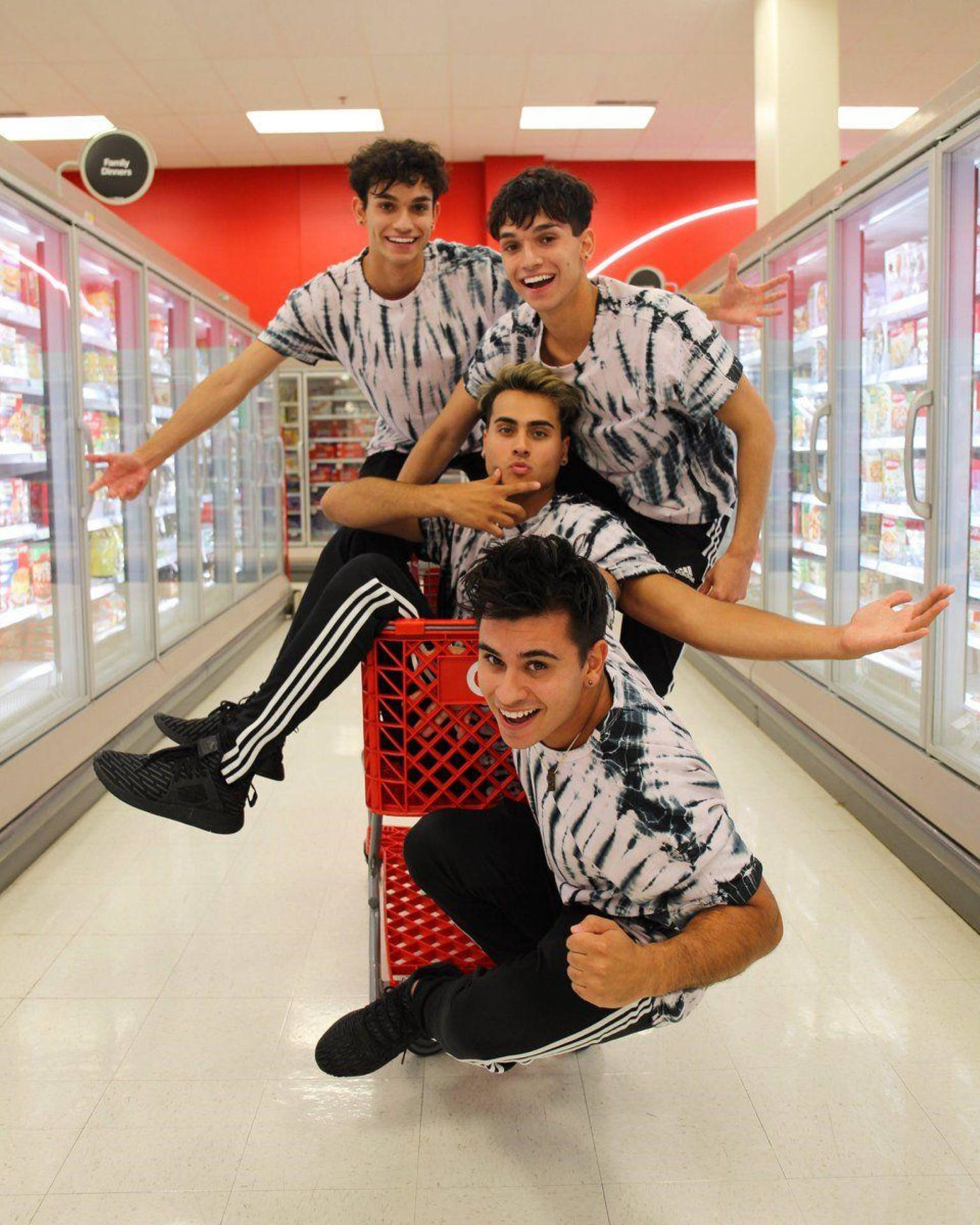 Dobre brothers, tie-dye shirts, red shopping cart, Full HD Phone Wallpaper