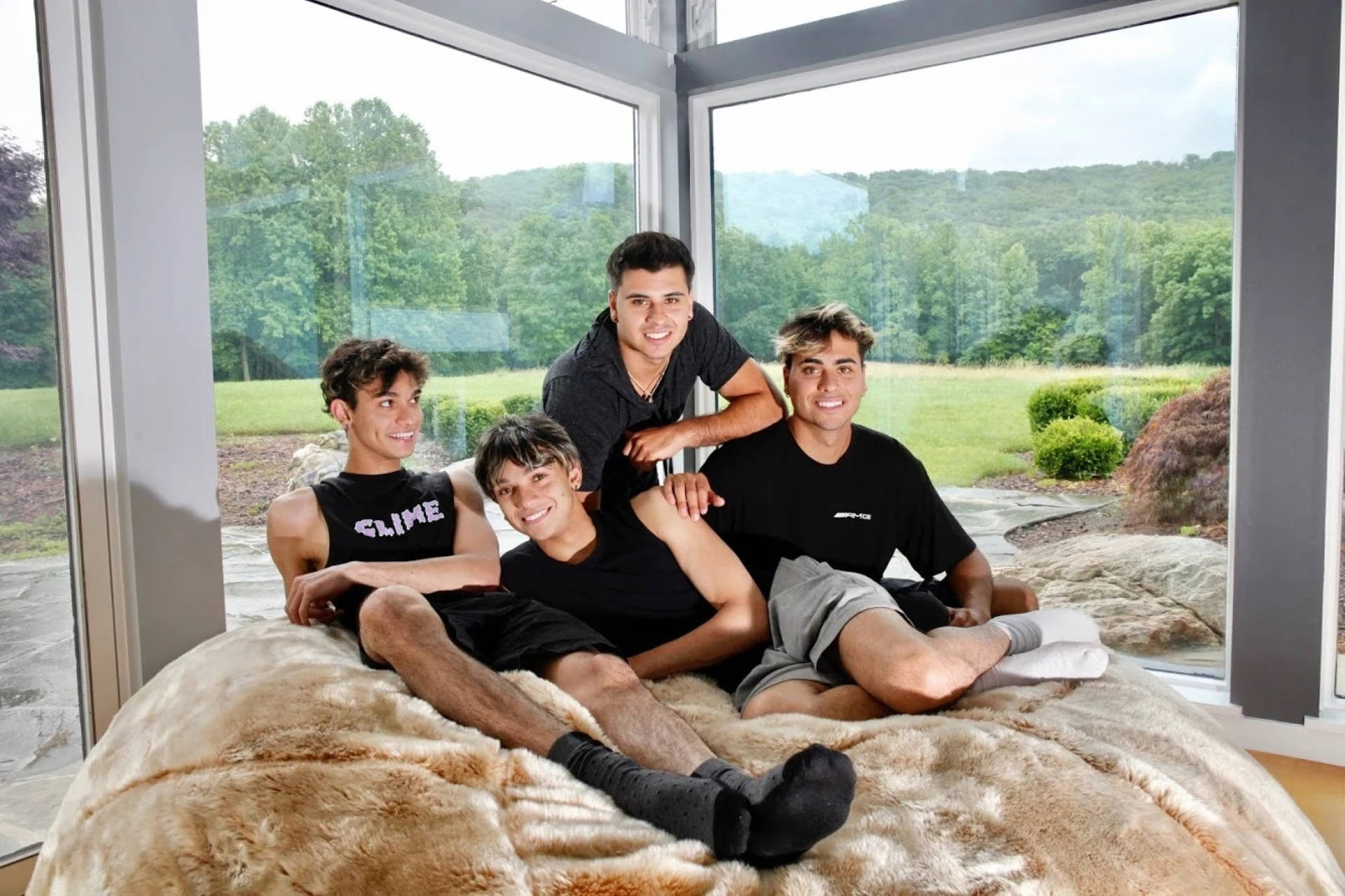 Dobre brothers, beige beanbag chair, large window, Full HD Desktop Wallpaper