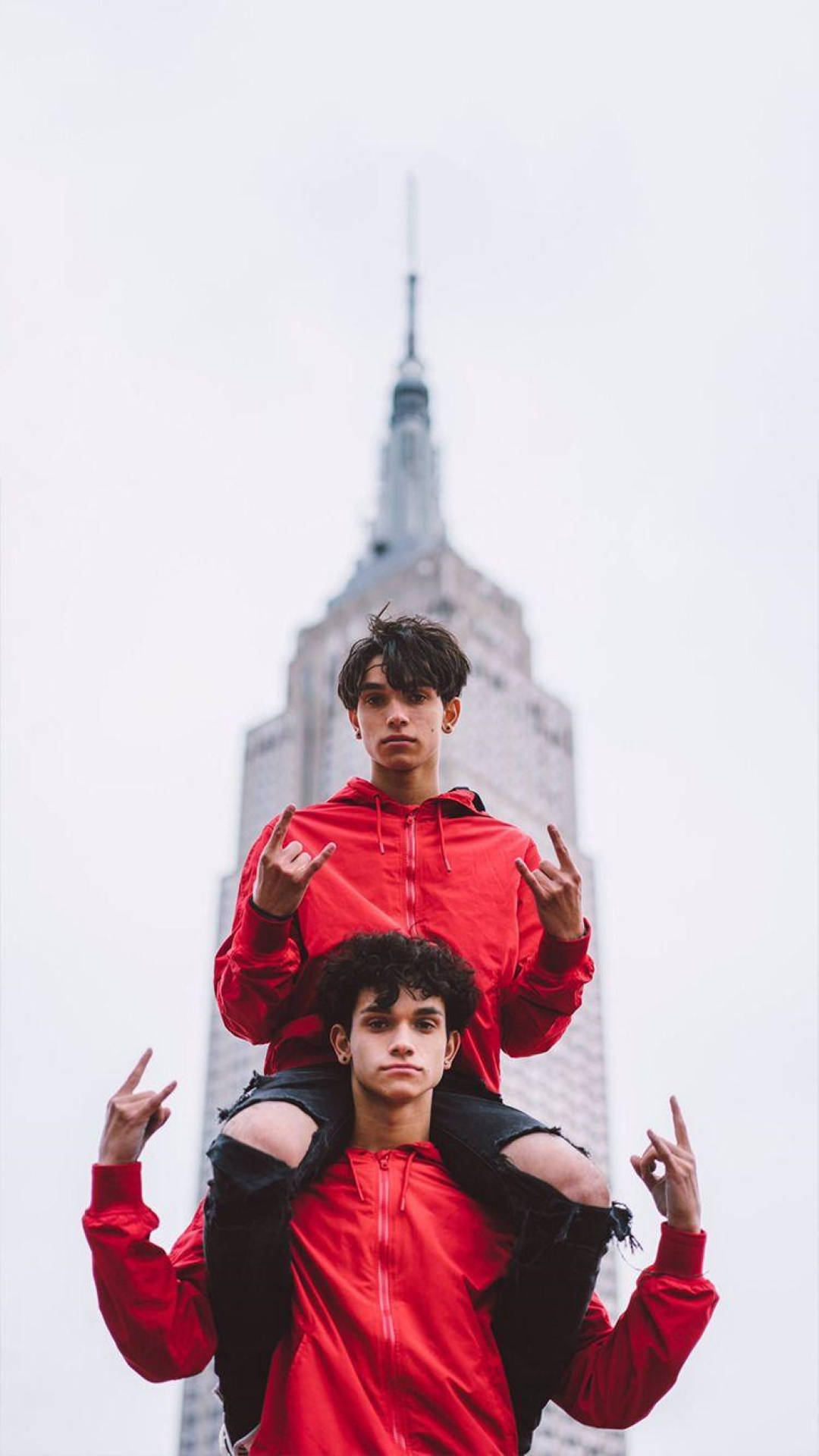 Dobre brothers, red jackets, skyscraper, Full HD Phone Wallpaper