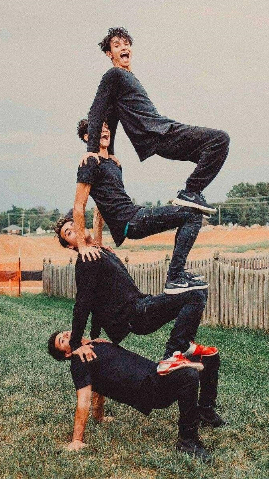 Dobre brothers, black clothes, human pyramid, Full HD Phone Wallpaper