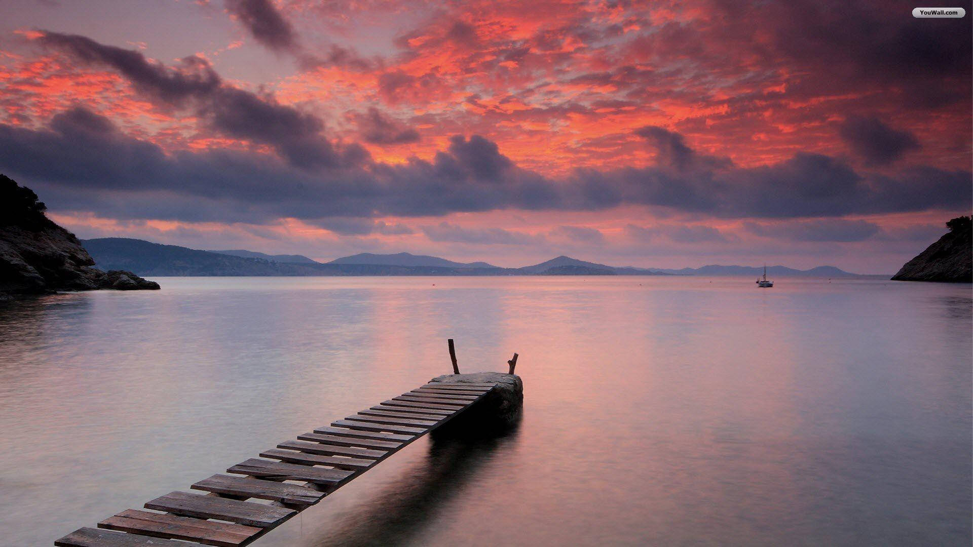 Quiet Purple Dusk, wooden pier, calm waters, Full HD Desktop Wallpaper